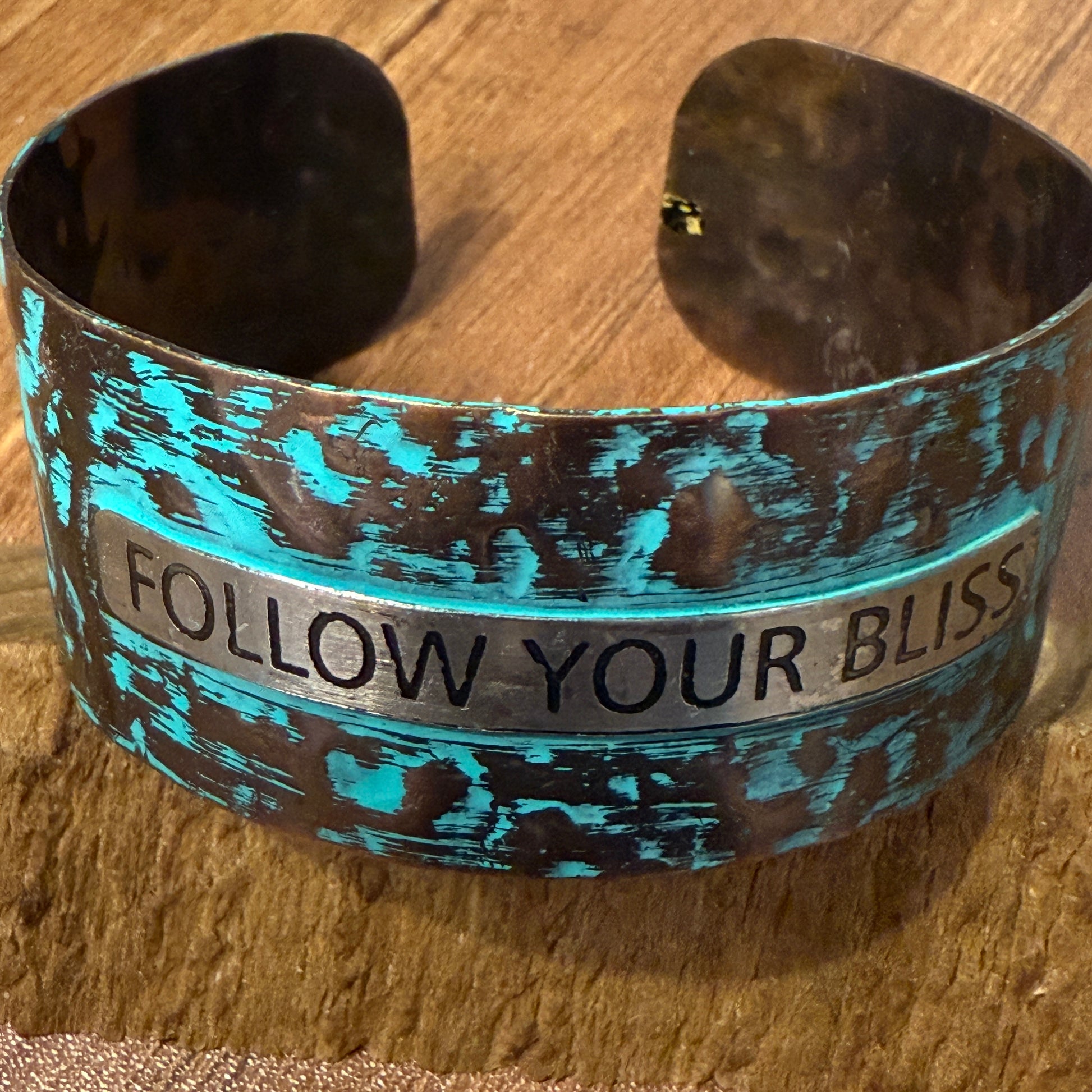Message FOLLOW YOUR BLISS Metal Western Cuff Bracelet With Patina Rustic Inscriptions WildWestBoho
