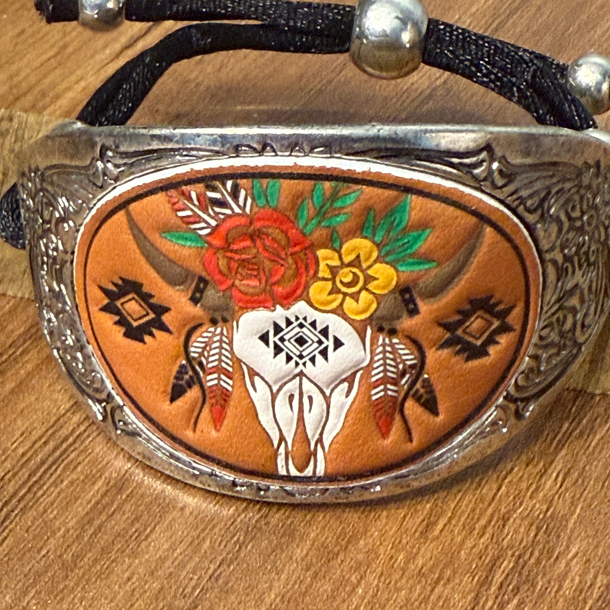 Western Longhorn Skull Leather Carved Cuff Bracelet for Cowboys and Cowgirls WildWestBoho