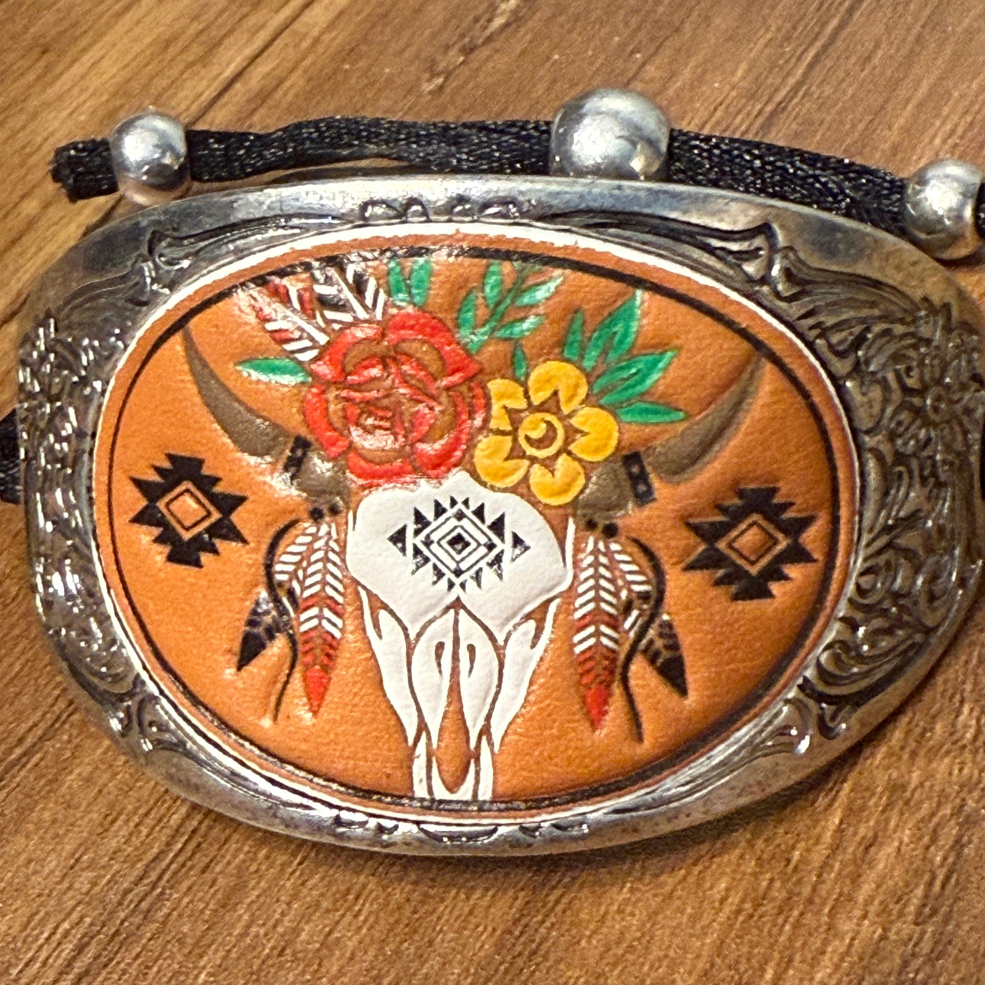 Western Longhorn Skull Leather Carved Cuff Bracelet for Cowboys and Cowgirls WildWestBoho