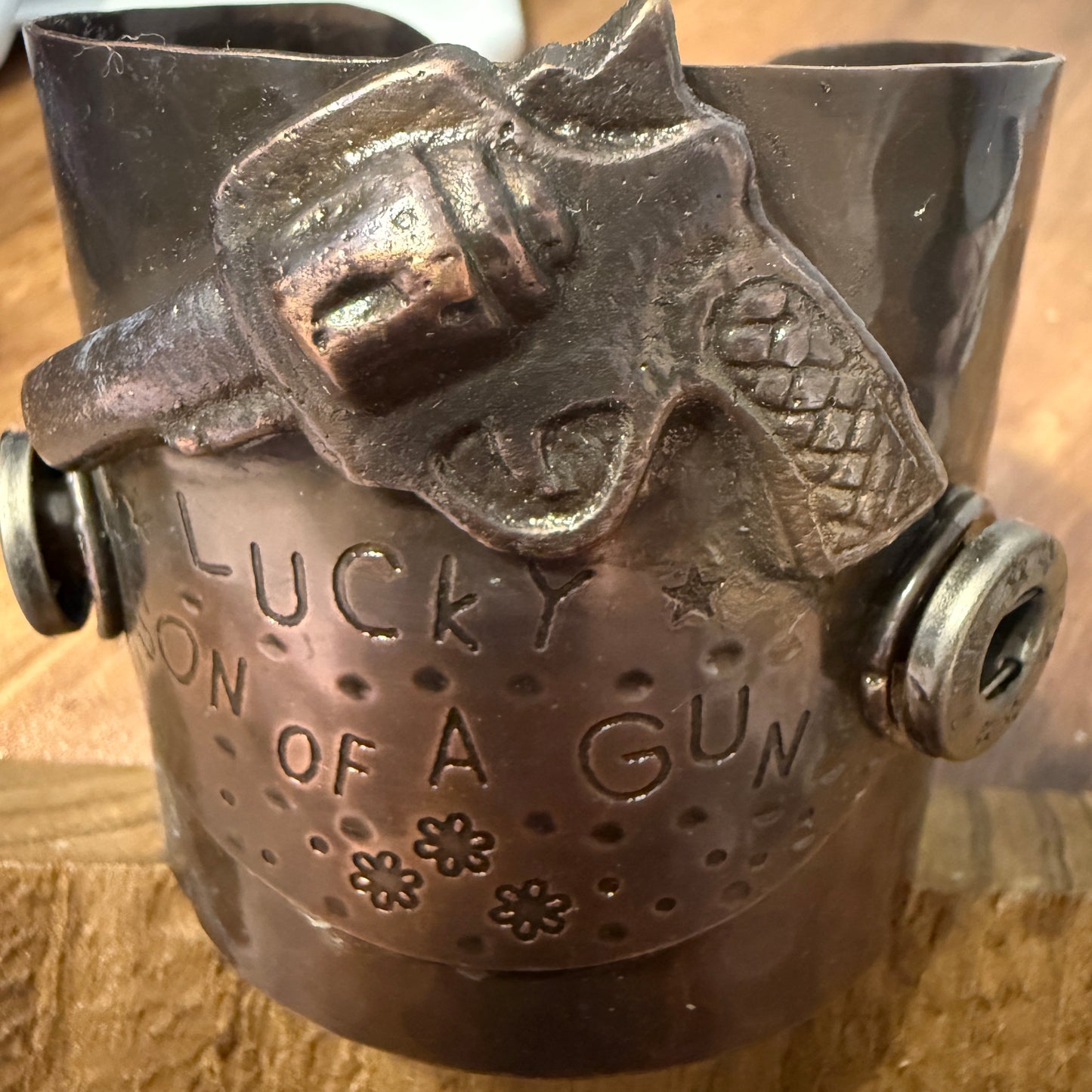 Lucky Son Of A Gun Wide Metal Cuff Bracelet For Men Bold Statement Jewelry Gift Idea WildWestBoho