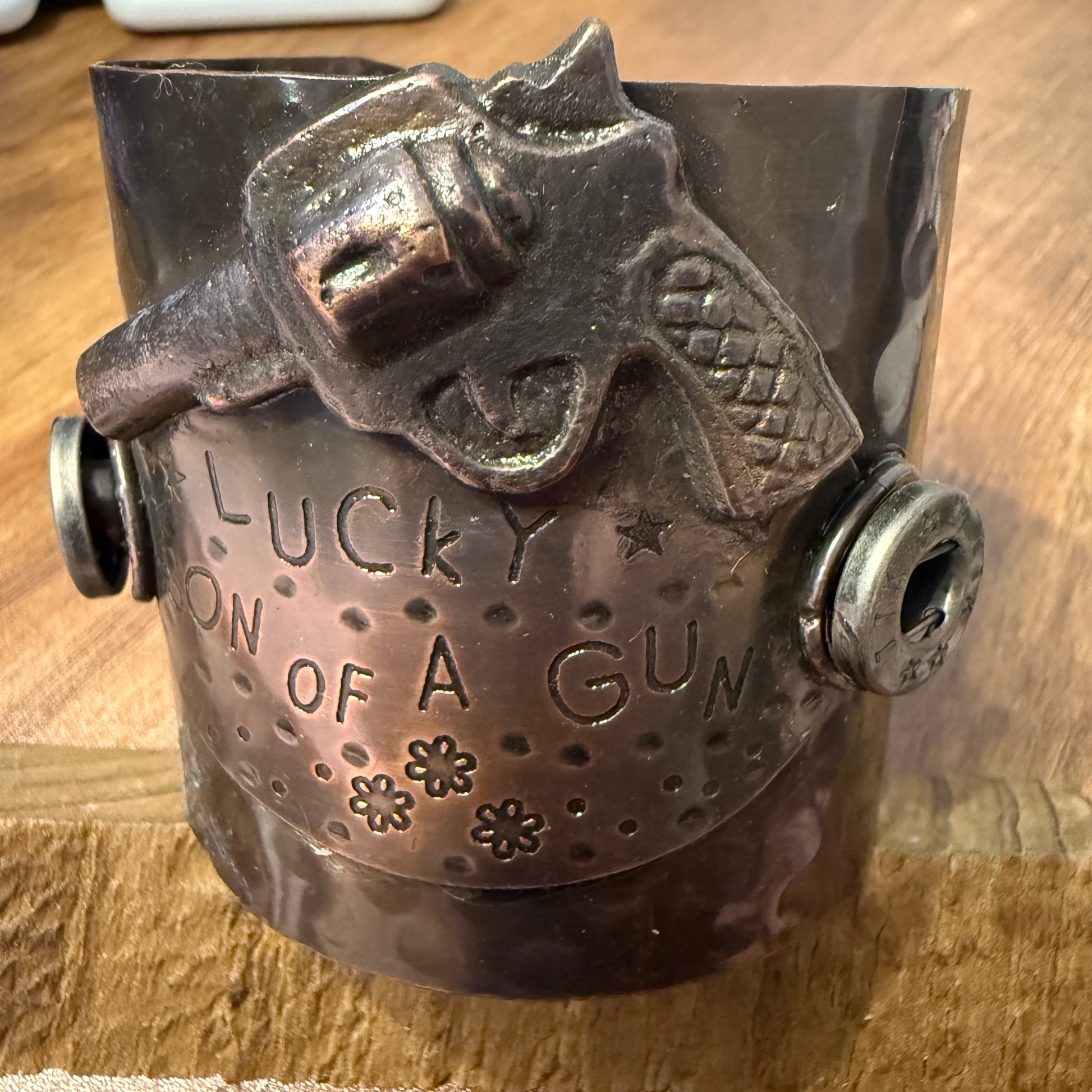 Lucky Son Of A Gun Wide Metal Cuff Bracelet For Men Bold Statement Jewelry Gift Idea WildWestBoho
