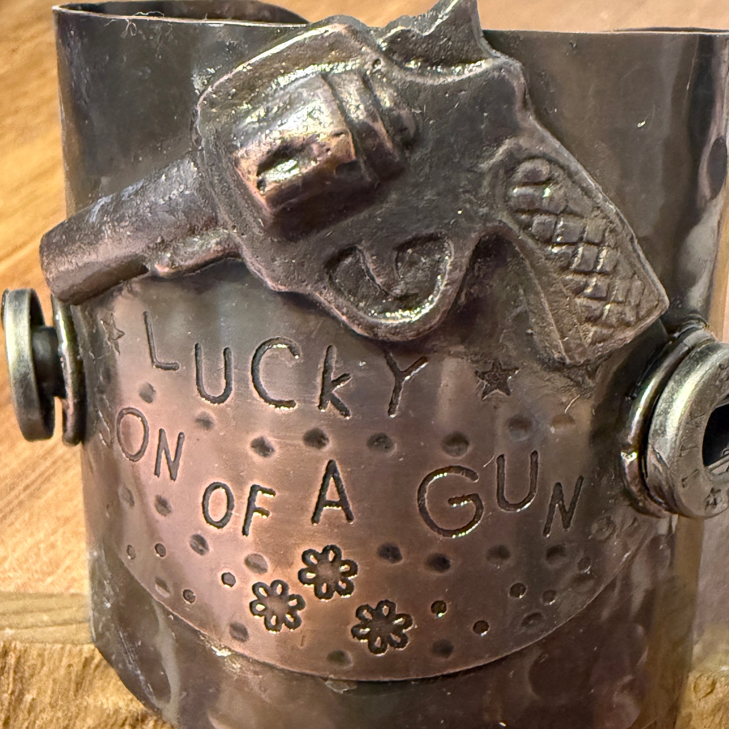Lucky Son Of A Gun Wide Metal Cuff Bracelet For Men Bold Statement Jewelry Gift Idea WildWestBoho