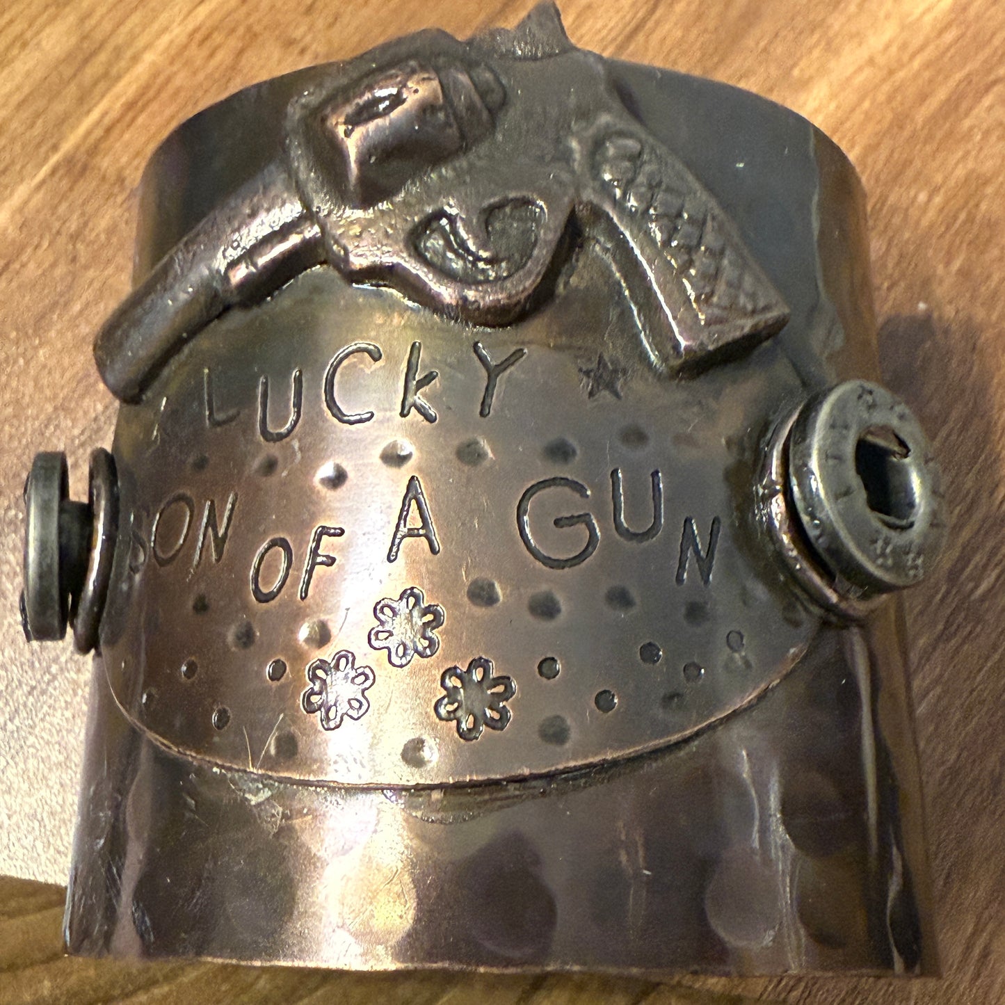 Lucky Son Of A Gun Wide Metal Cuff Bracelet For Men Bold Statement Jewelry Gift Idea WildWestBoho