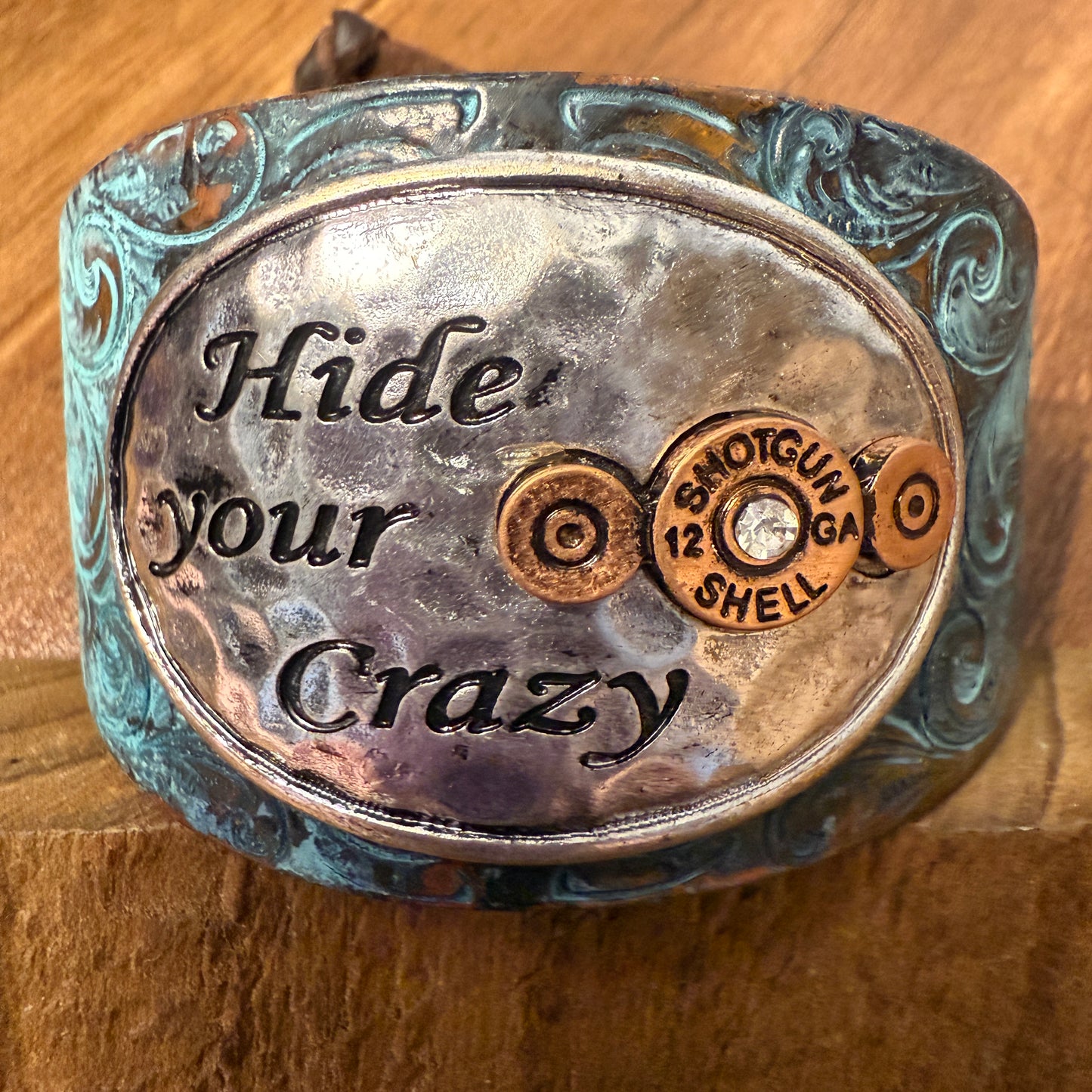 Hide Your Crazy And Act Like Lady Western Bracelet Cuff With Patina Turquoise Blue And Bullet Rhinestone Centerpiece WildWestBoho