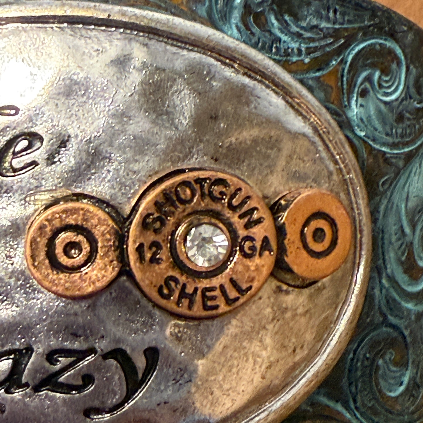 Hide Your Crazy And Act Like Lady Western Bracelet Cuff With Patina Turquoise Blue And Bullet Rhinestone Centerpiece WildWestBoho