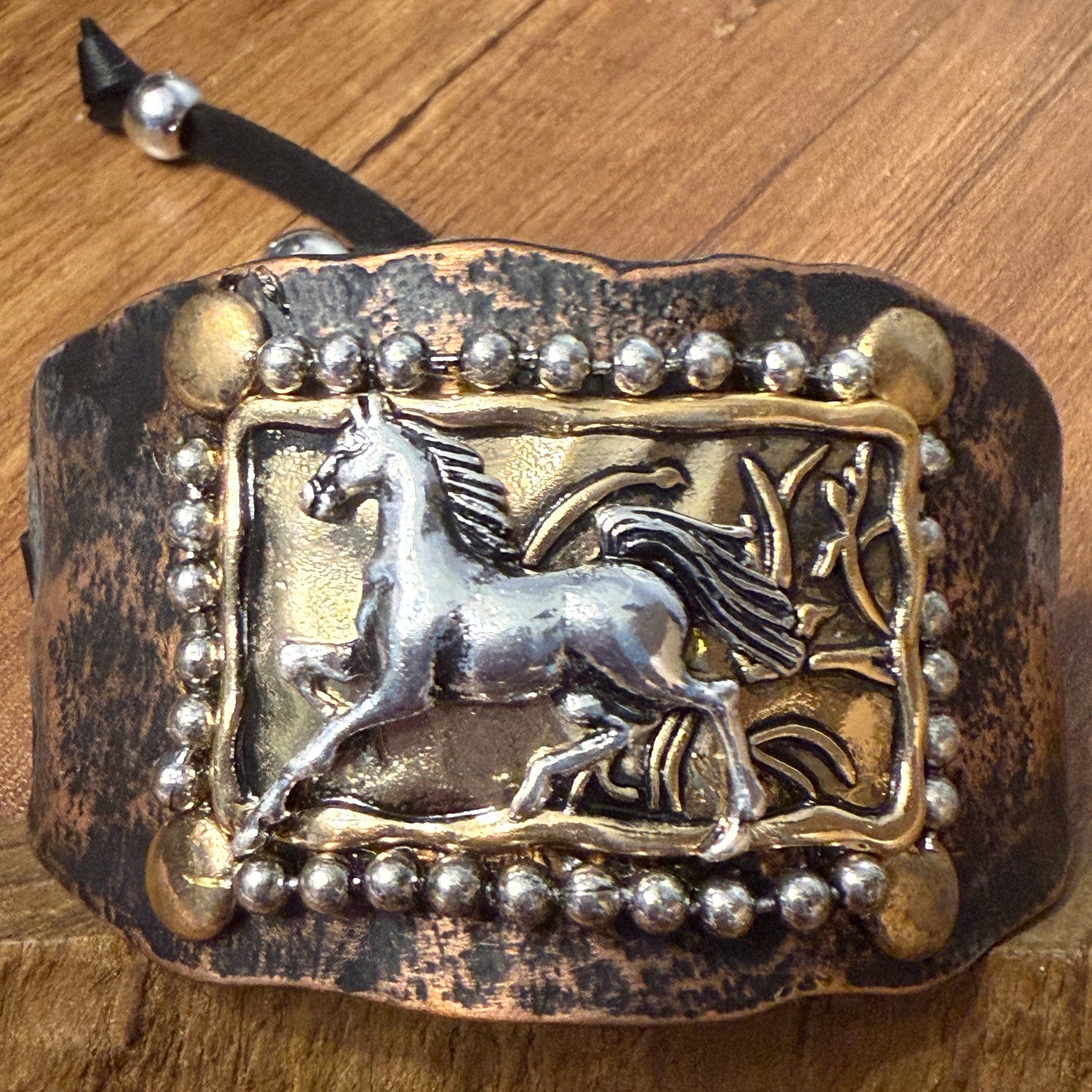 Horse Cantering Western Bracelet Cuff In Brown Leather With Vintage Copper Plate WildWestBoho