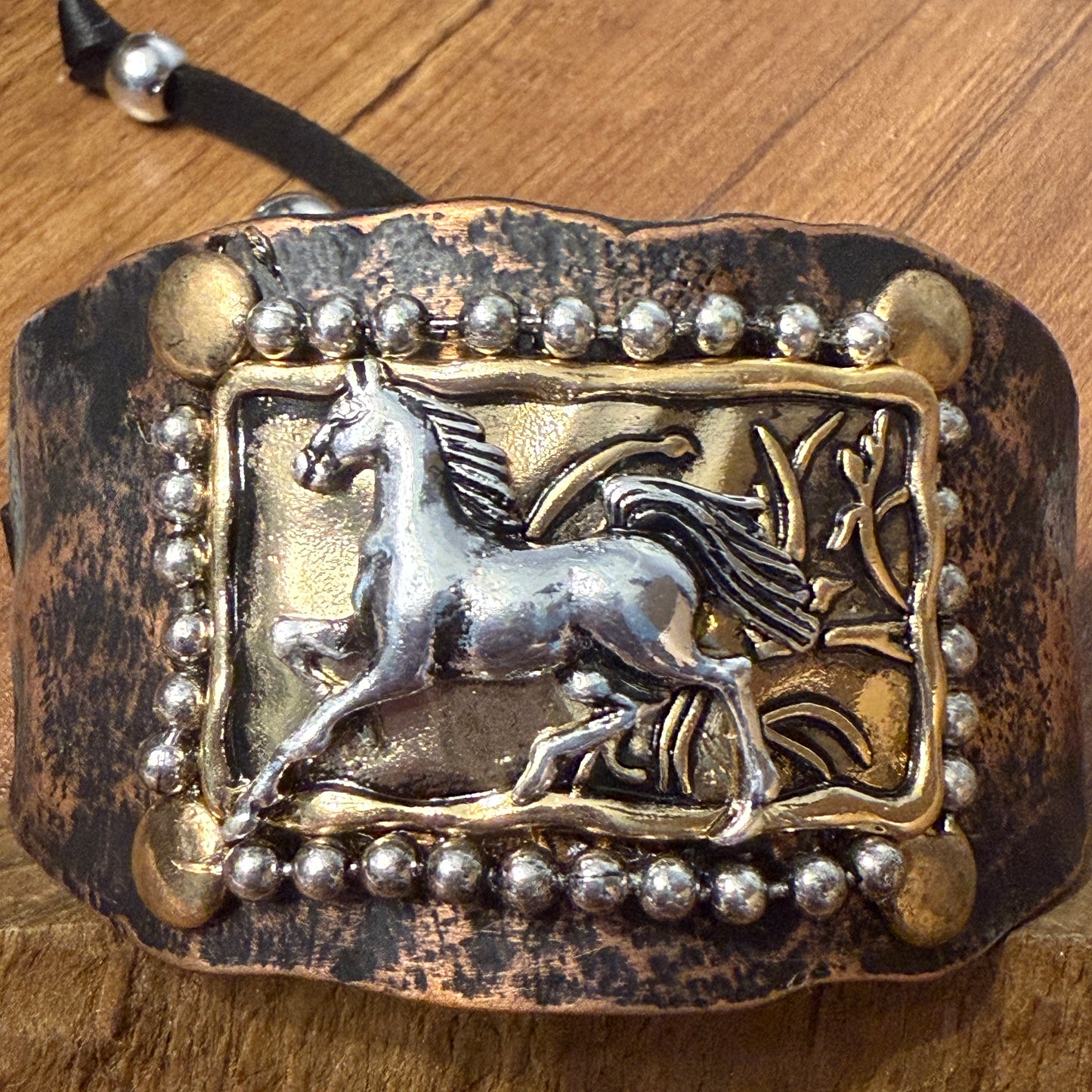Horse Cantering Western Bracelet Cuff In Brown Leather With Vintage Copper Plate WildWestBoho