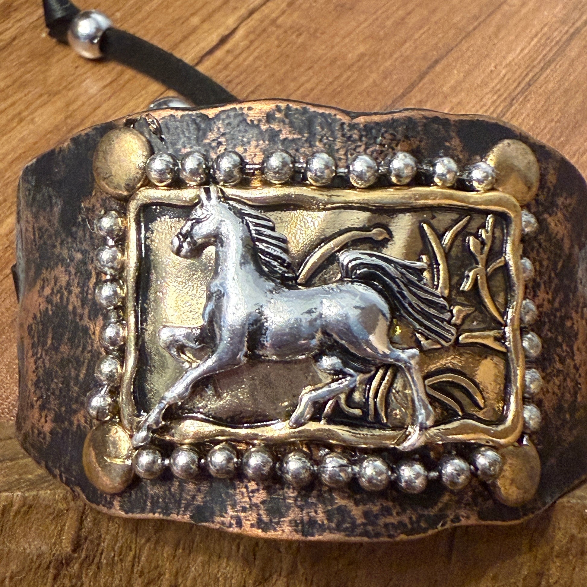 Horse Cantering Western Bracelet Cuff In Brown Leather With Vintage Copper Plate WildWestBoho