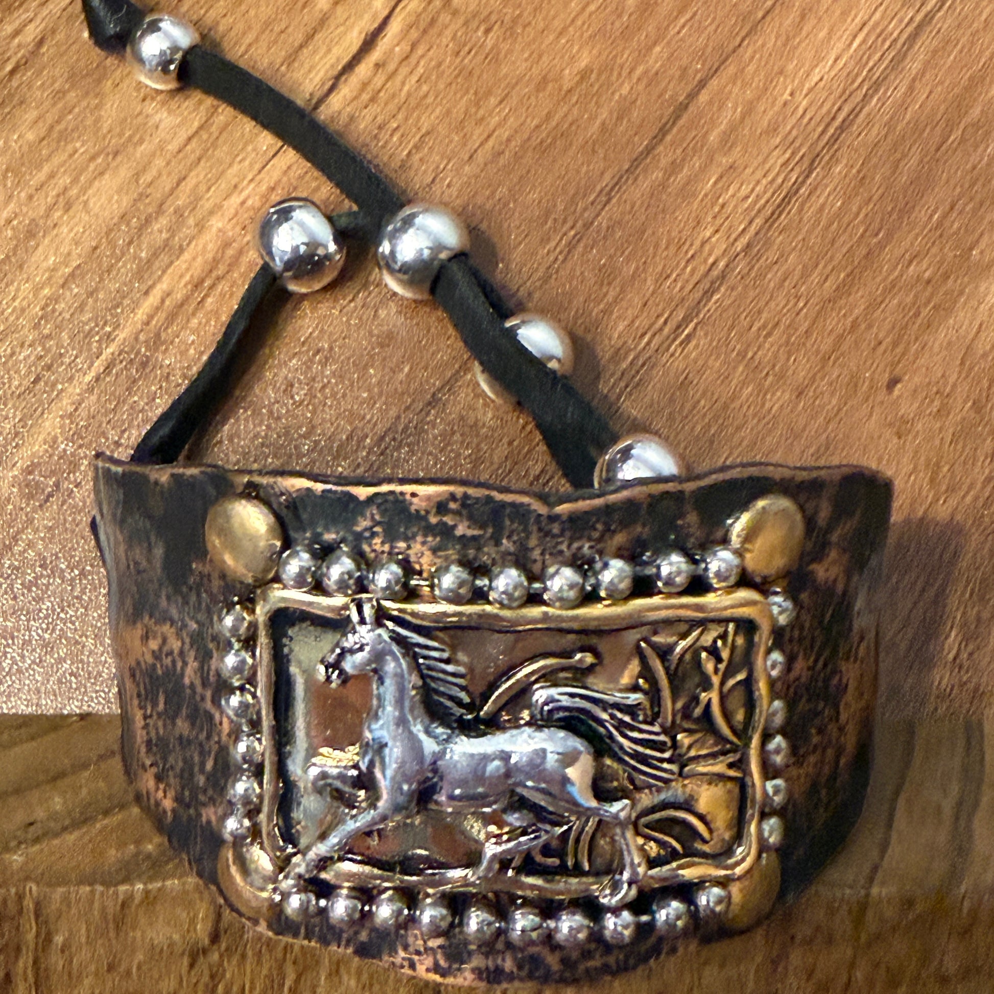 Horse Cantering Western Bracelet Cuff In Brown Leather With Vintage Copper Plate WildWestBoho