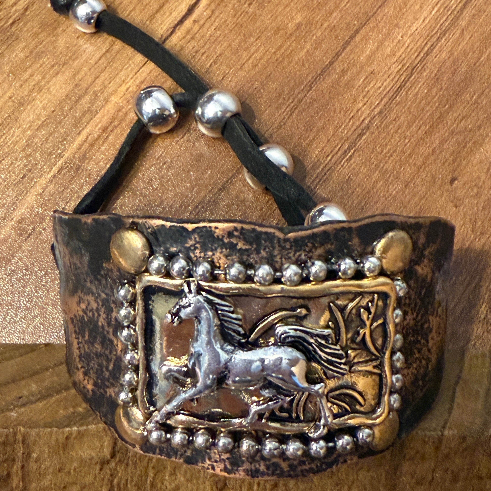 Horse Cantering Western Bracelet Cuff In Brown Leather With Vintage Copper Plate WildWestBoho