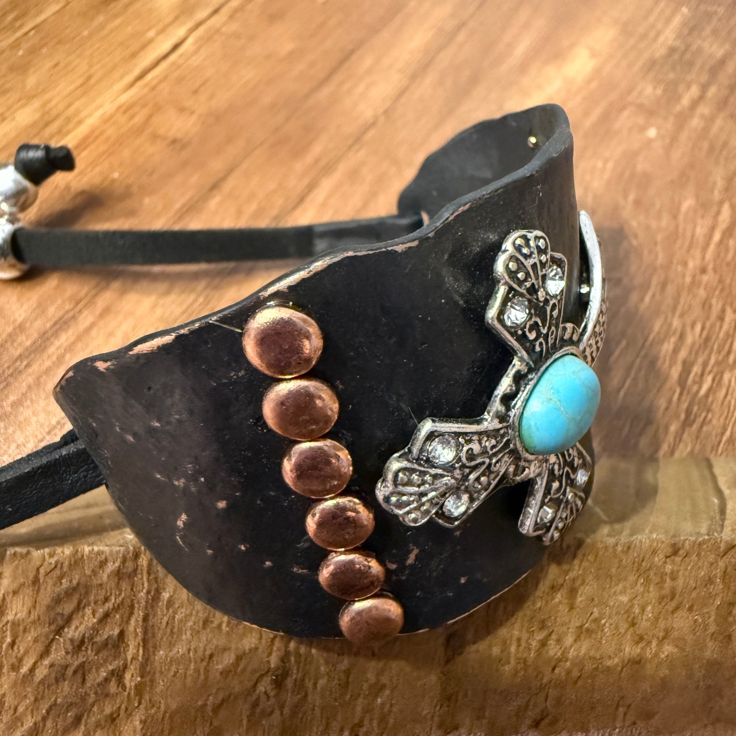 Cross Turquoise Rhinestone Beaded Western Bracelet Cuff With Adjustable Leather Straps In Patina Turquoise Blue And Dark Brown WildWestBoho