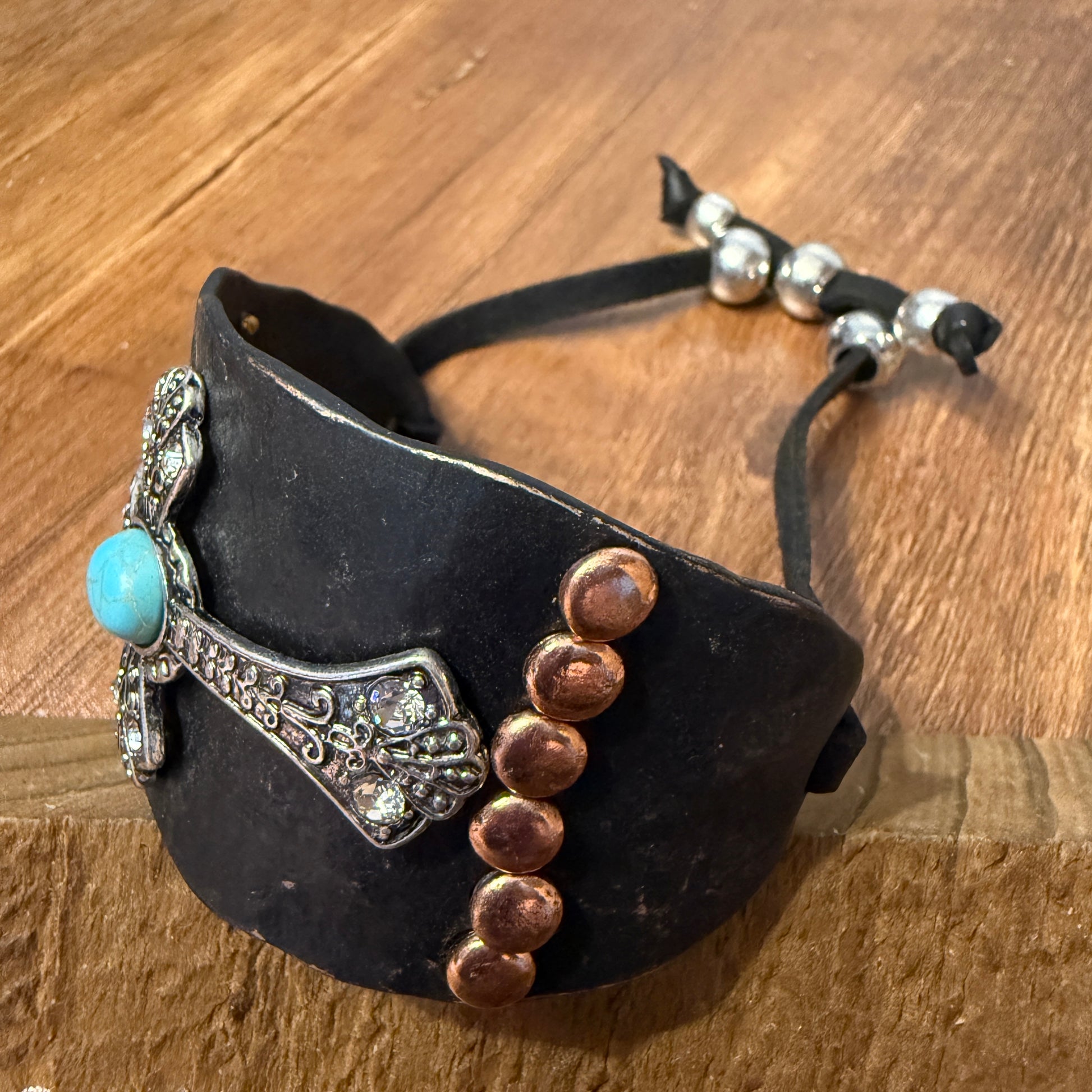 Cross Turquoise Rhinestone Beaded Western Bracelet Cuff With Adjustable Leather Straps In Patina Turquoise Blue And Dark Brown WildWestBoho