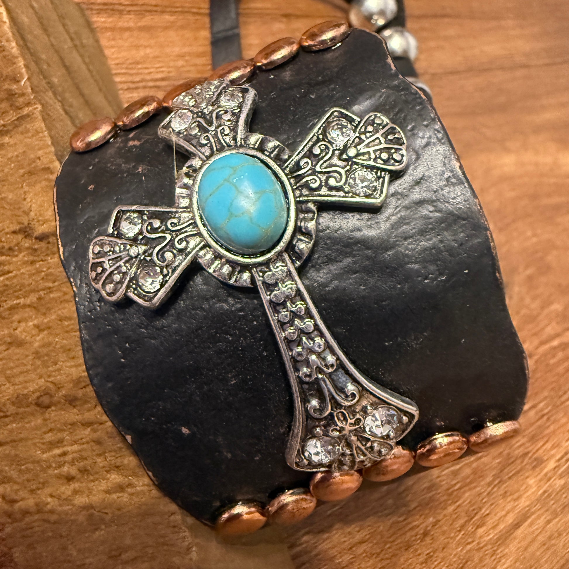 Cross Turquoise Rhinestone Beaded Western Bracelet Cuff With Adjustable Leather Straps In Patina Turquoise Blue And Dark Brown WildWestBoho