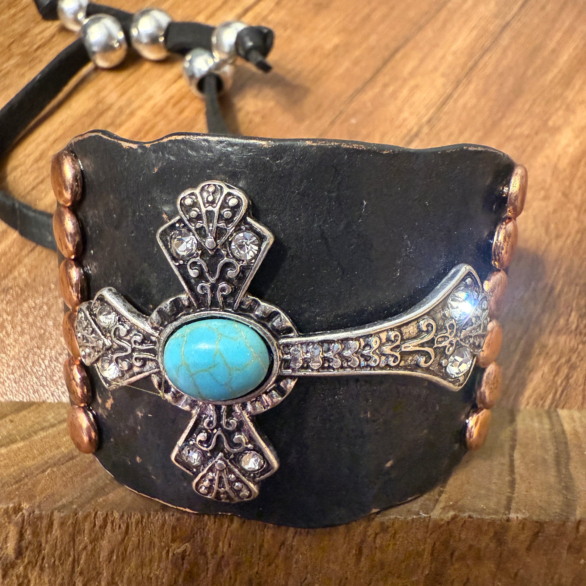 Cross Turquoise Rhinestone Beaded Western Bracelet Cuff With Adjustable Leather Straps In Patina Turquoise Blue And Dark Brown WildWestBoho