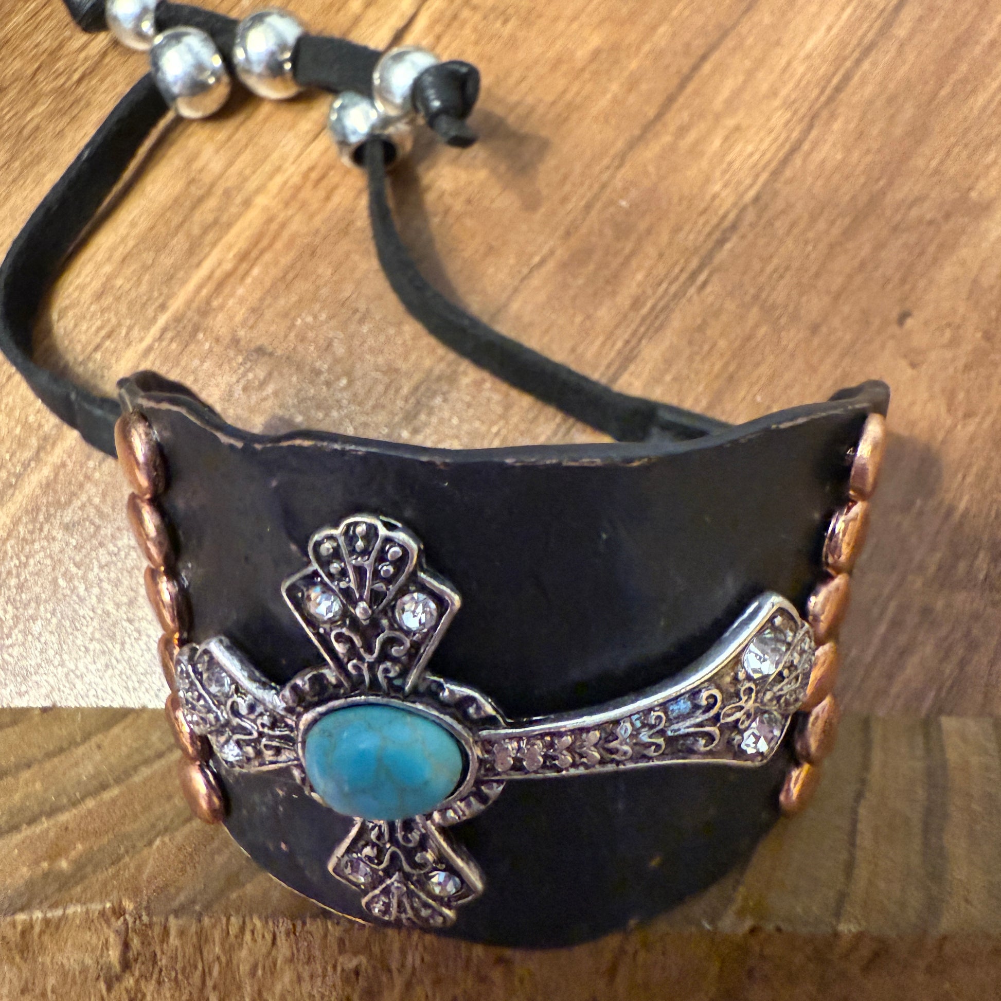 Cross Turquoise Rhinestone Beaded Western Bracelet Cuff With Adjustable Leather Straps In Patina Turquoise Blue And Dark Brown WildWestBoho
