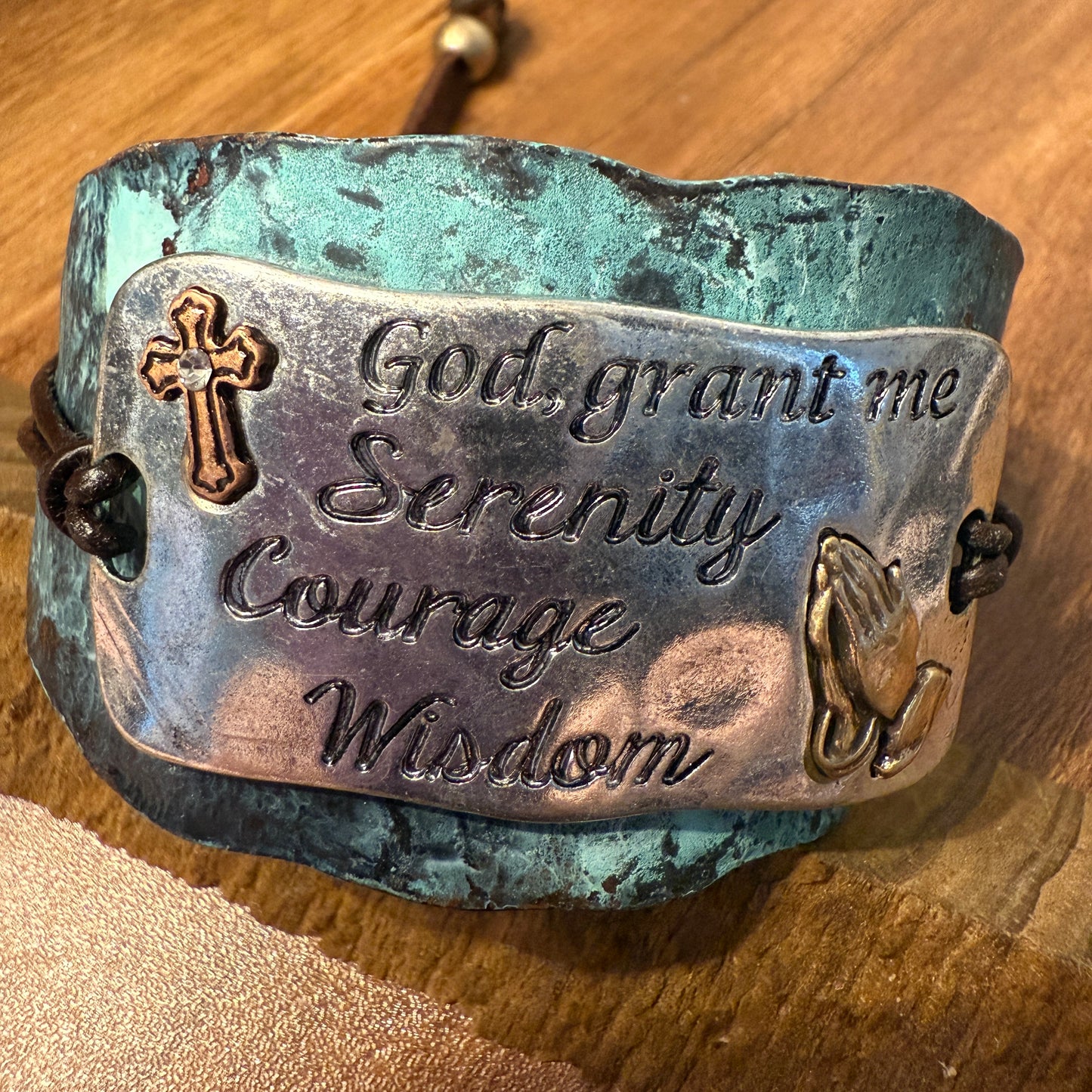 Serenity Prayer Bracelet Cuff in Patina with Copper Cross and Gold Praying Gesture on Silver Plate Leather Adjustable WildWestBoho