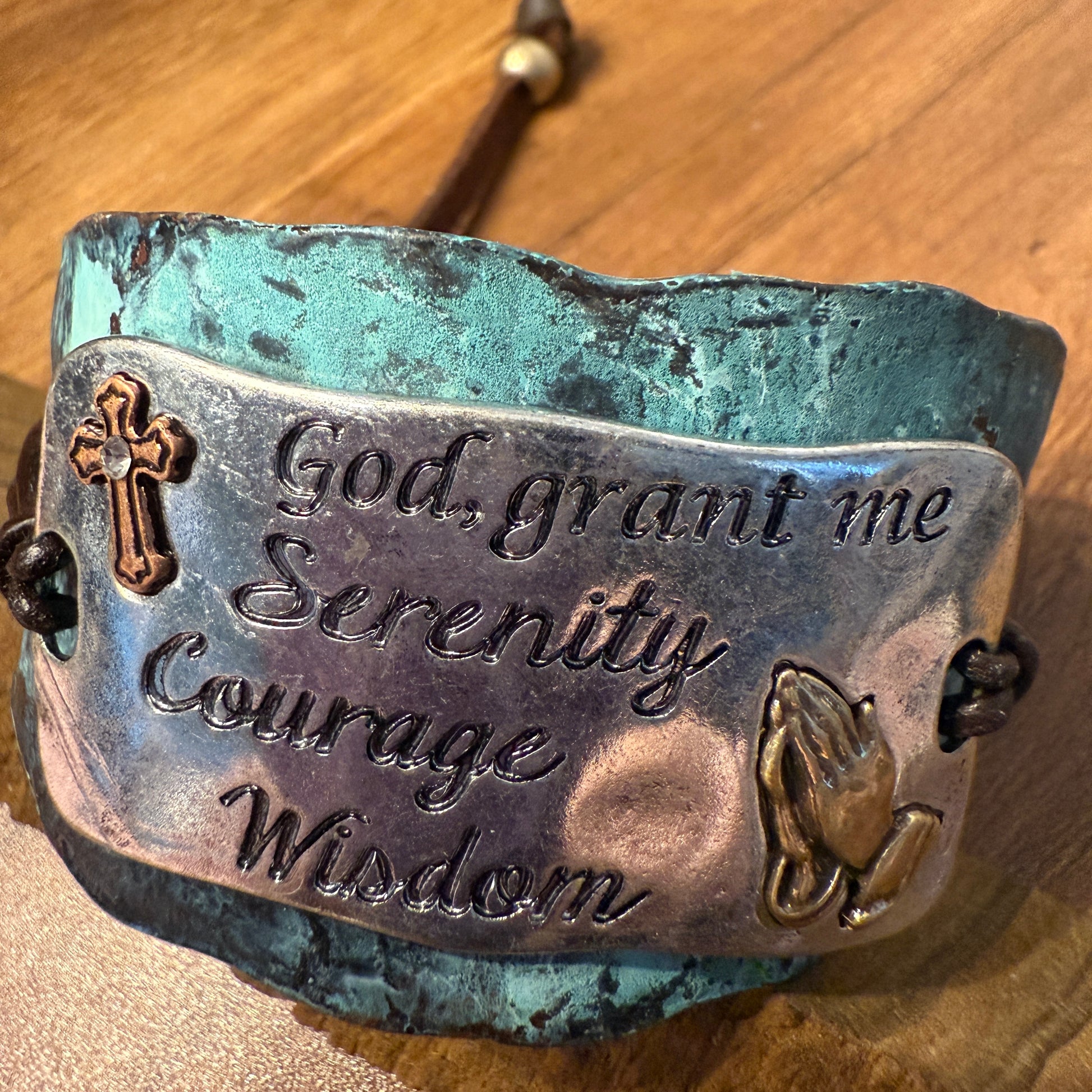 Serenity Prayer Bracelet Cuff in Patina with Copper Cross and Gold Praying Gesture on Silver Plate Leather Adjustable WildWestBoho