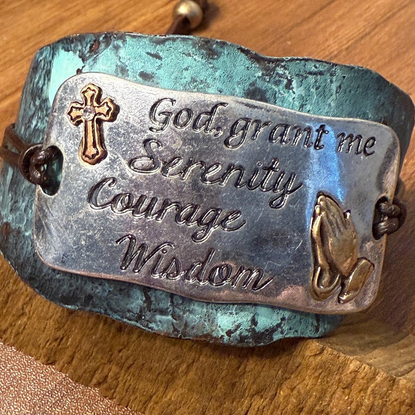 Serenity Prayer Bracelet Cuff in Patina with Copper Cross and Gold Praying Gesture on Silver Plate Leather Adjustable WildWestBoho