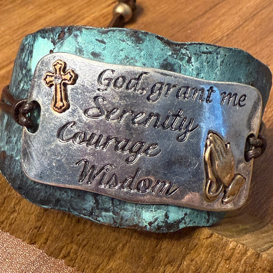 Serenity Prayer Bracelet Cuff in Patina with Copper Cross and Gold Praying Gesture on Silver Plate Leather Adjustable WildWestBoho
