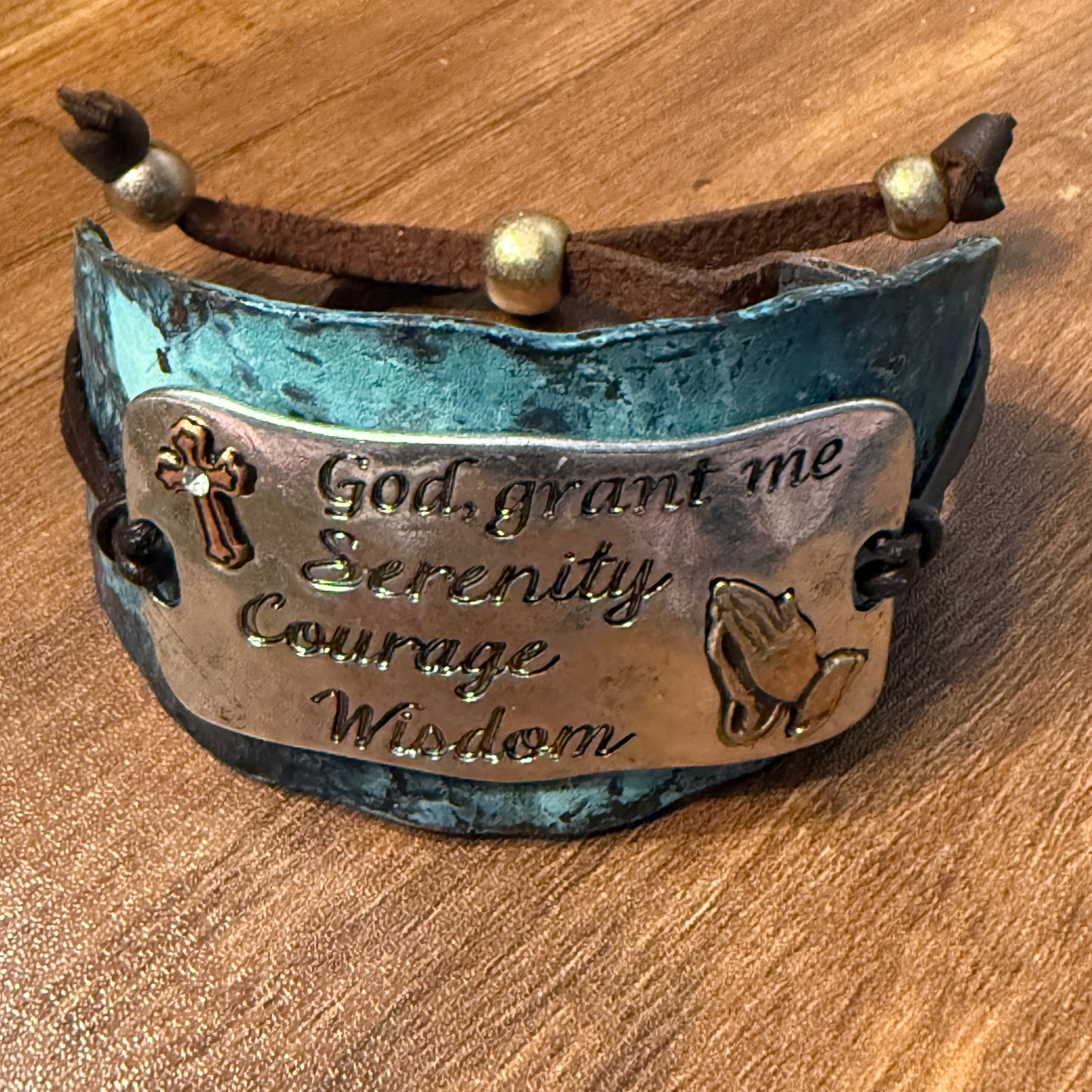 Serenity Prayer Bracelet Cuff in Patina with Copper Cross and Gold Praying Gesture on Silver Plate Leather Adjustable WildWestBoho