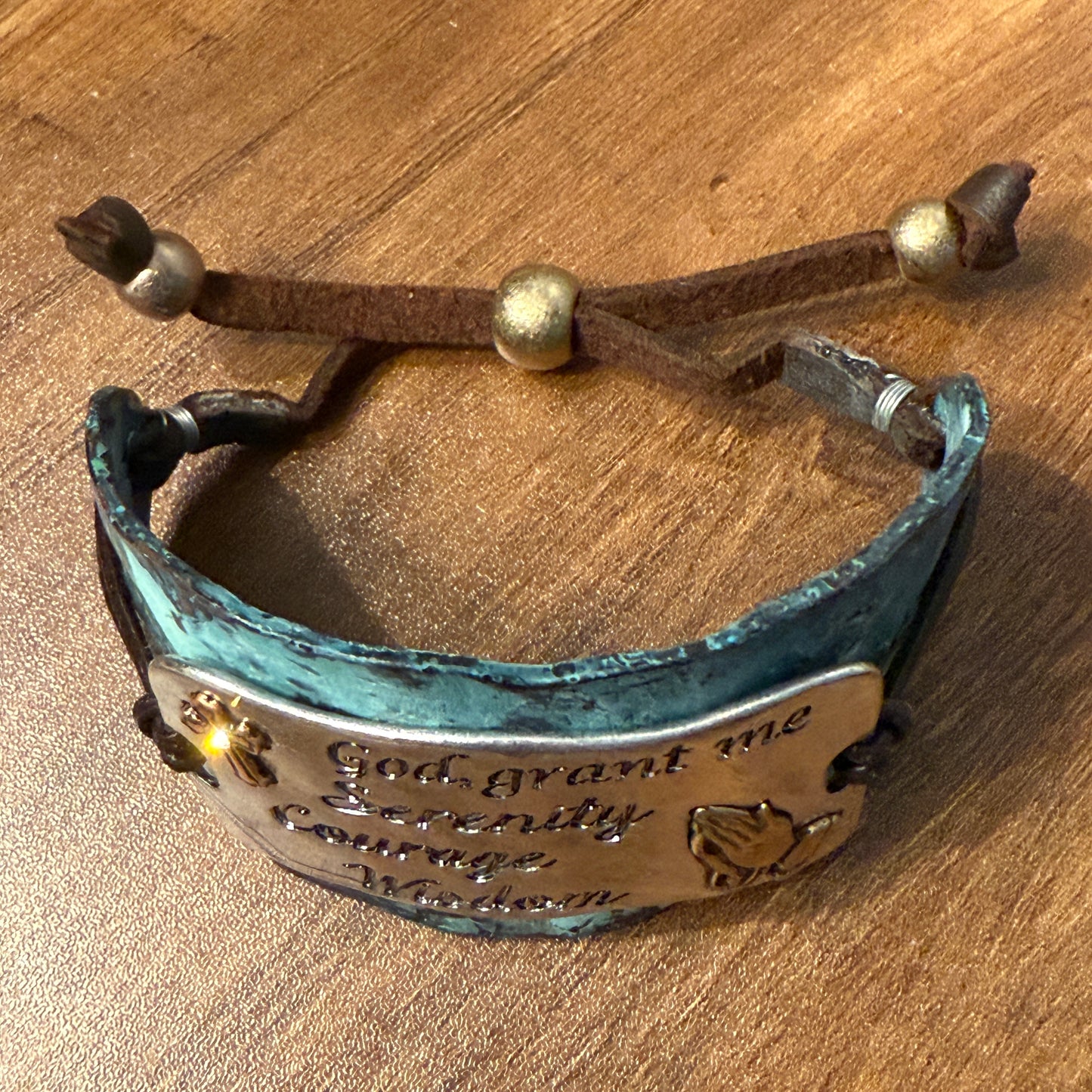Serenity Prayer Bracelet Cuff in Patina with Copper Cross and Gold Praying Gesture on Silver Plate Leather Adjustable WildWestBoho