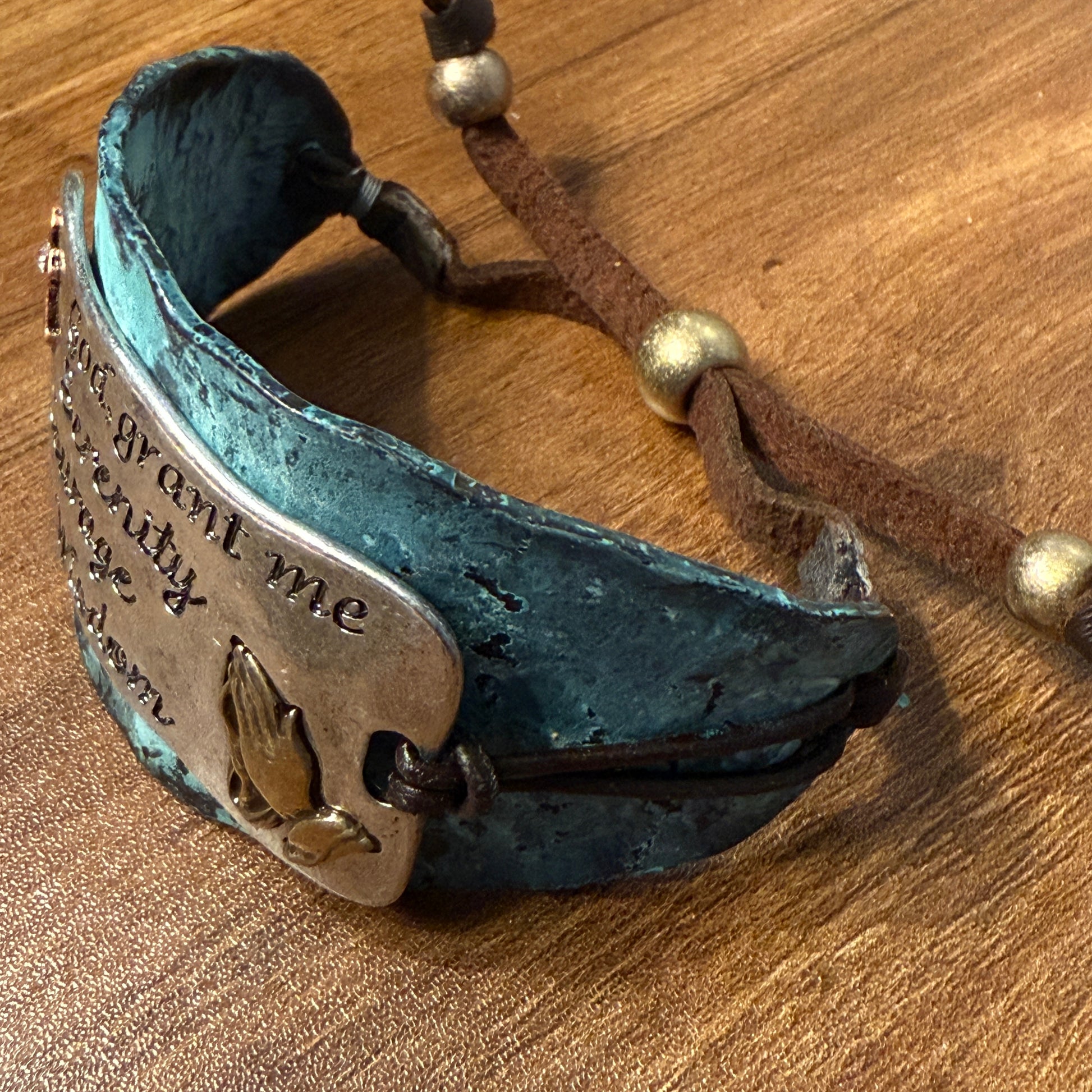 Serenity Prayer Bracelet Cuff in Patina with Copper Cross and Gold Praying Gesture on Silver Plate Leather Adjustable WildWestBoho