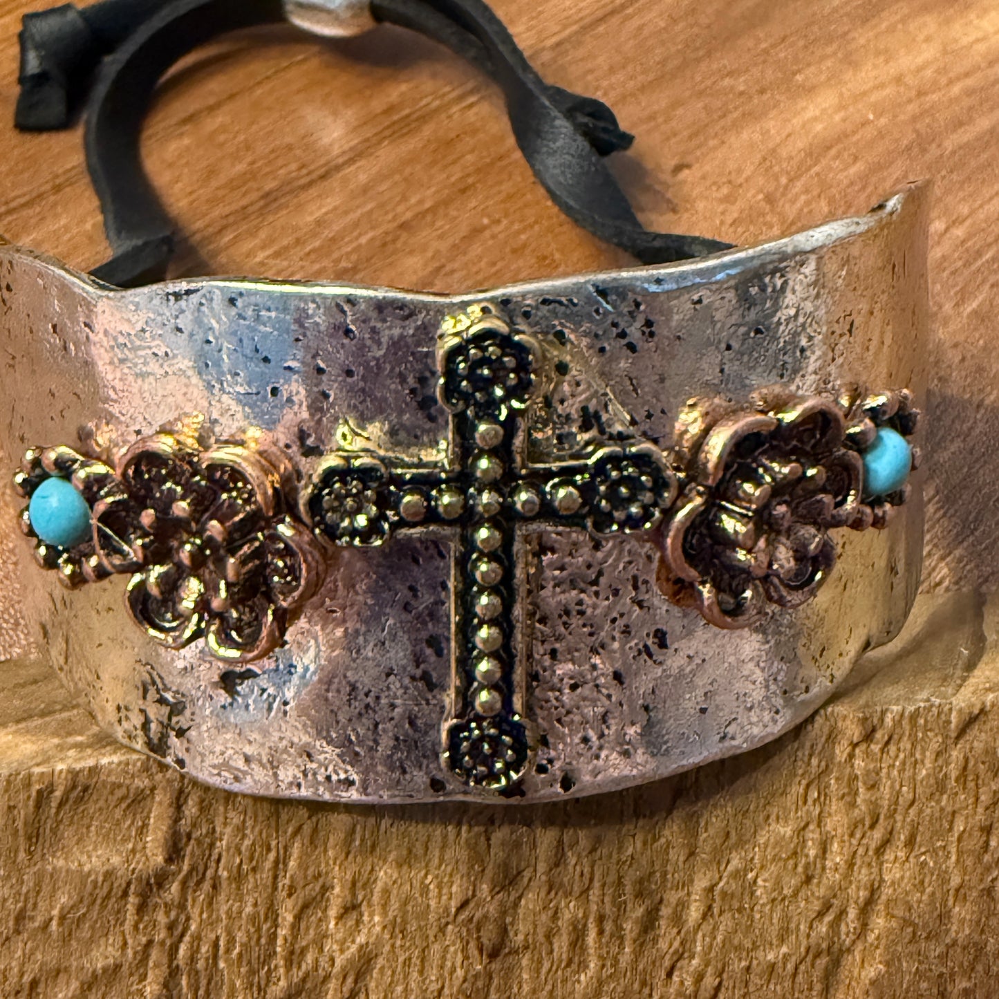 Cross Flower Turquoise Stone Western Bracelet Cuff Silver Adjustable Leather Strap WildWestBoho