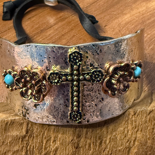 Cross Flower Turquoise Stone Western Bracelet Cuff Silver Adjustable Leather Strap WildWestBoho