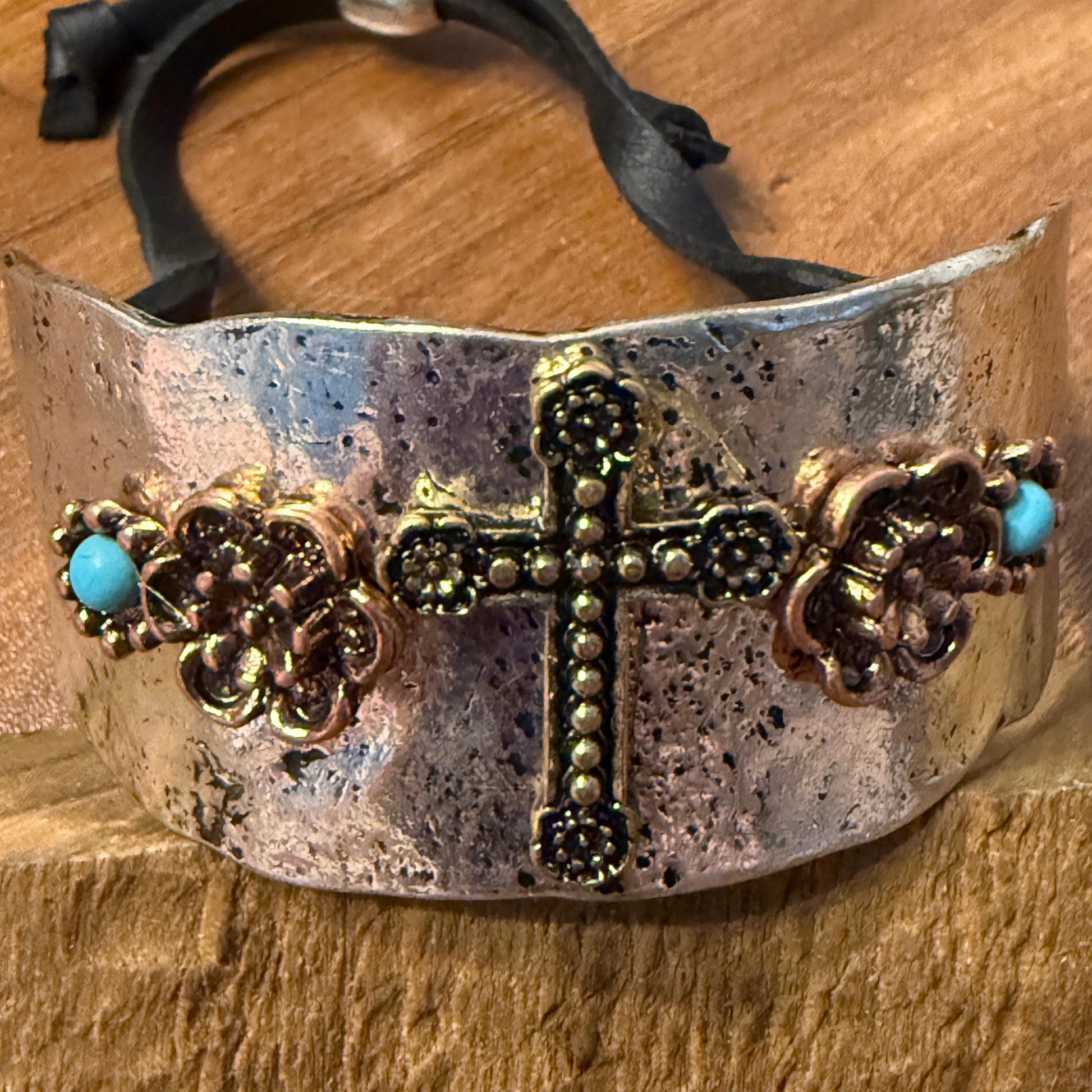Cross Flower Turquoise Stone Western Bracelet Cuff Silver Adjustable Leather Strap WildWestBoho