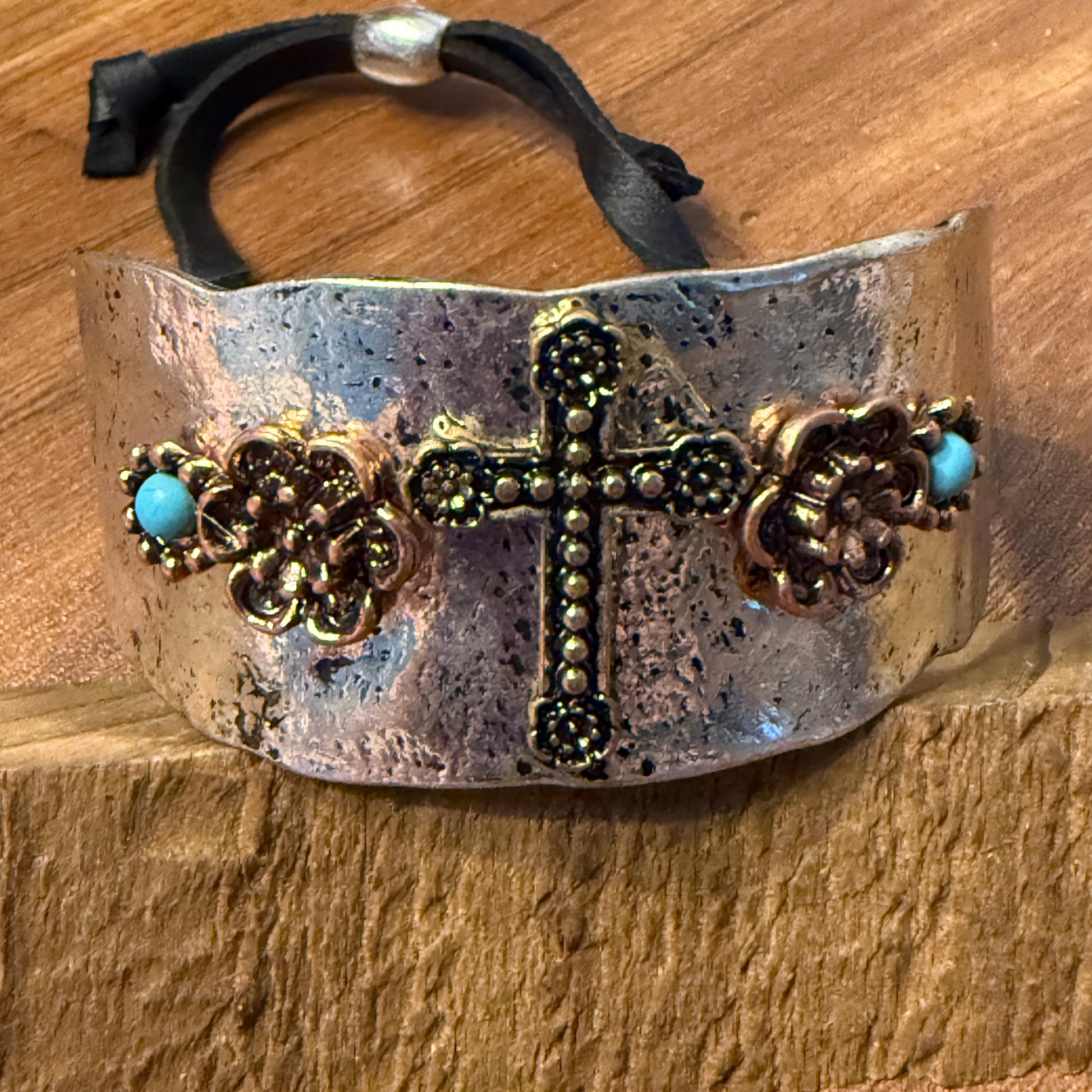 Cross Flower Turquoise Stone Western Bracelet Cuff Silver Adjustable Leather Strap WildWestBoho