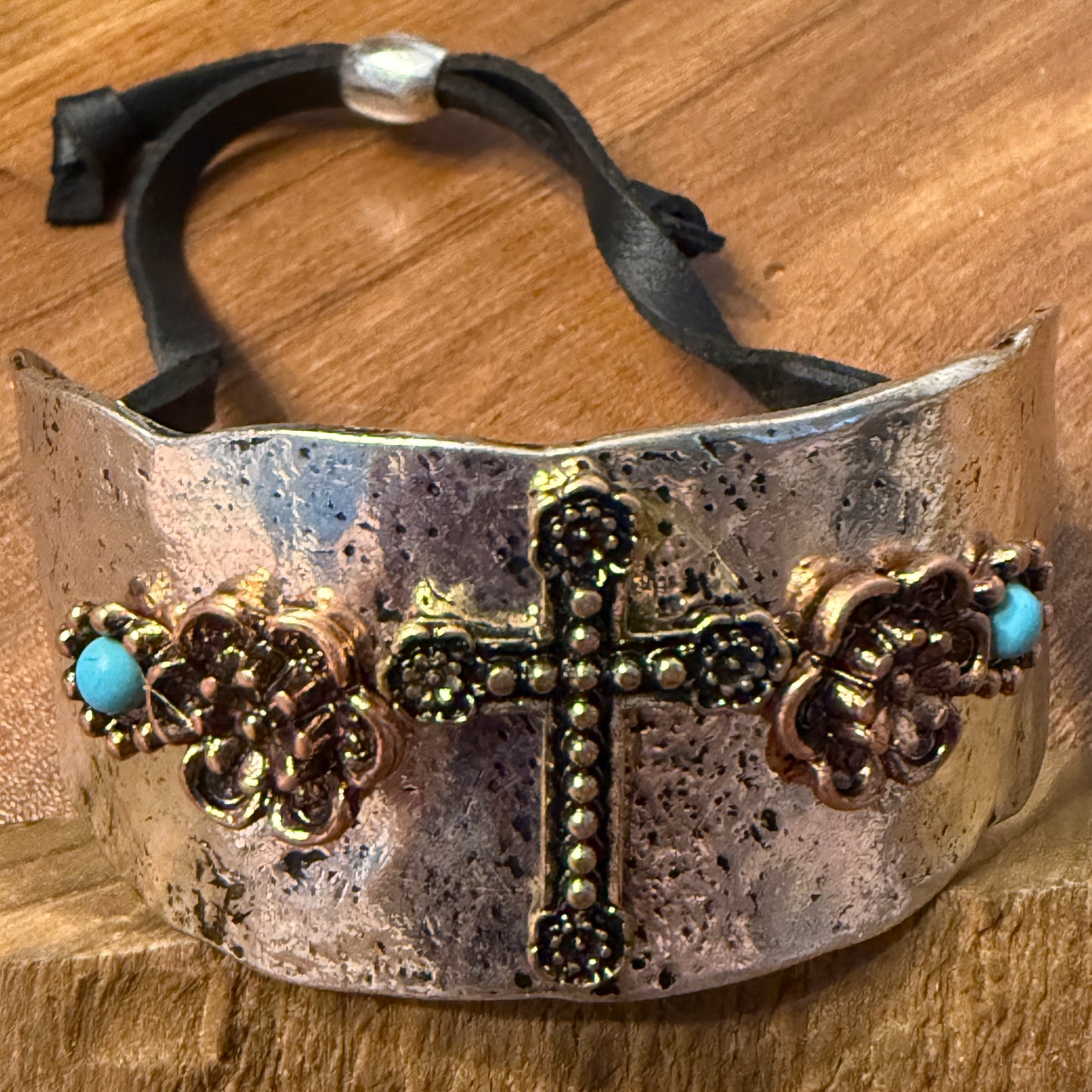Cross Flower Turquoise Stone Western Bracelet Cuff Silver Adjustable Leather Strap WildWestBoho