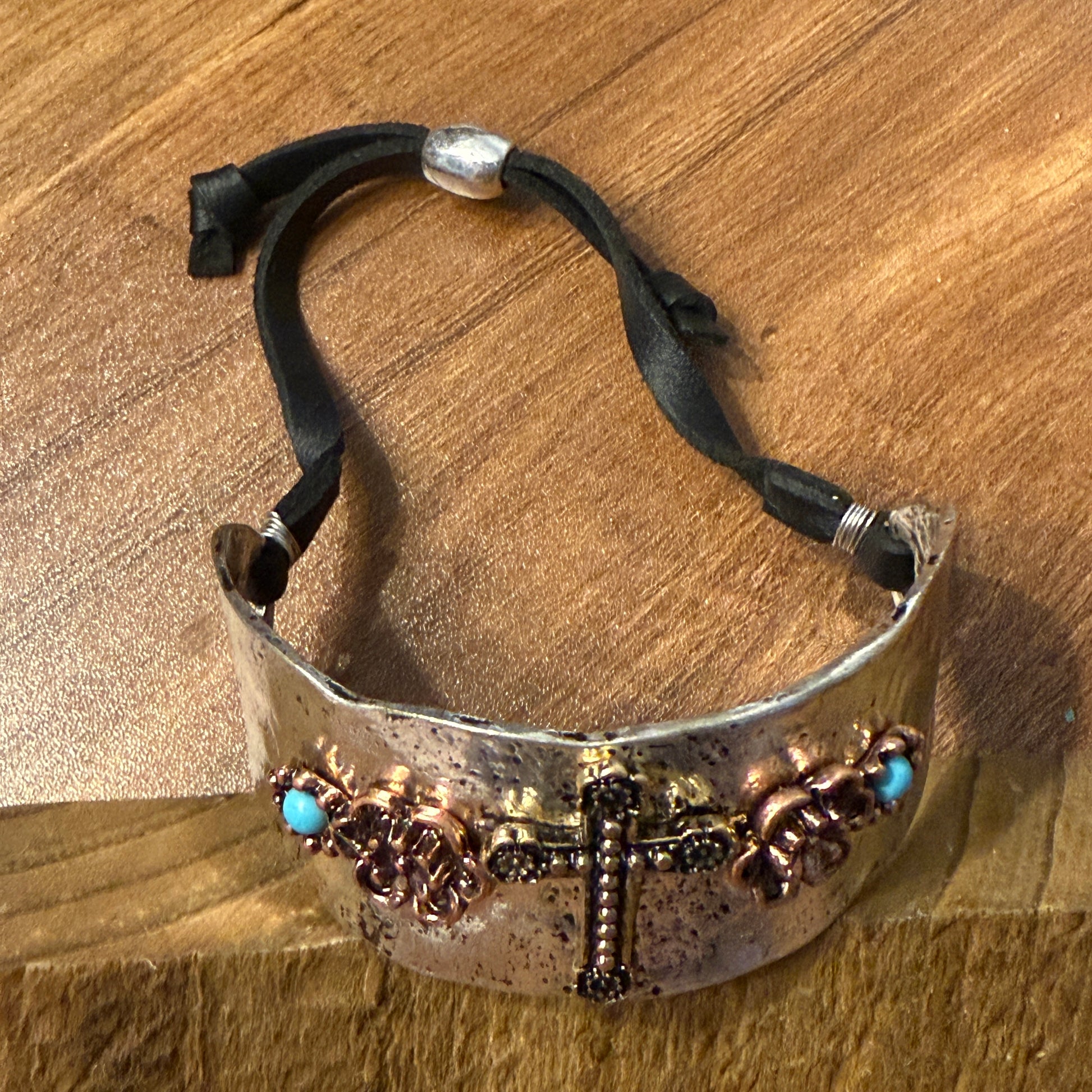 Cross Flower Turquoise Stone Western Bracelet Cuff Silver Adjustable Leather Strap WildWestBoho