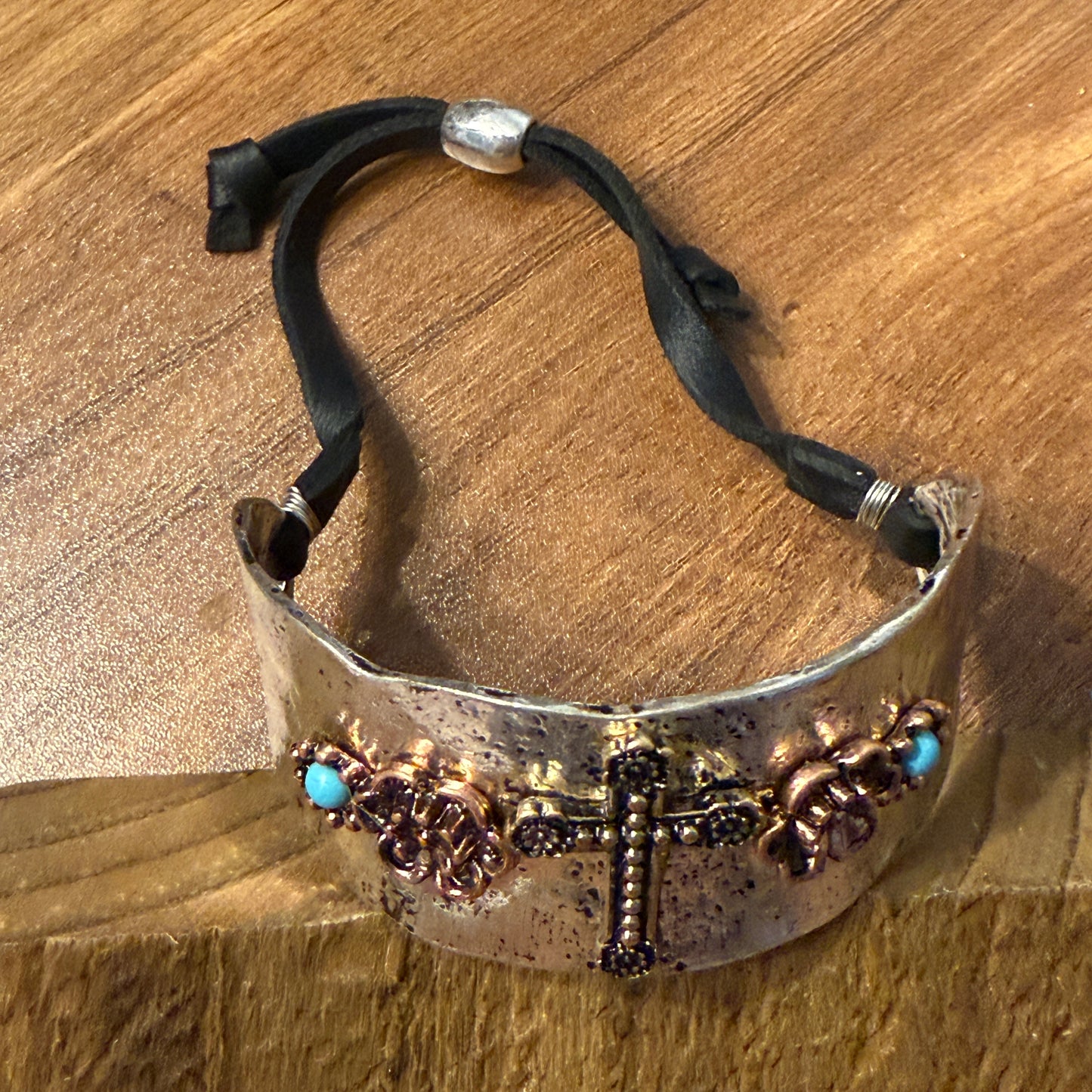 Cross Flower Turquoise Stone Western Bracelet Cuff Silver Adjustable Leather Strap WildWestBoho