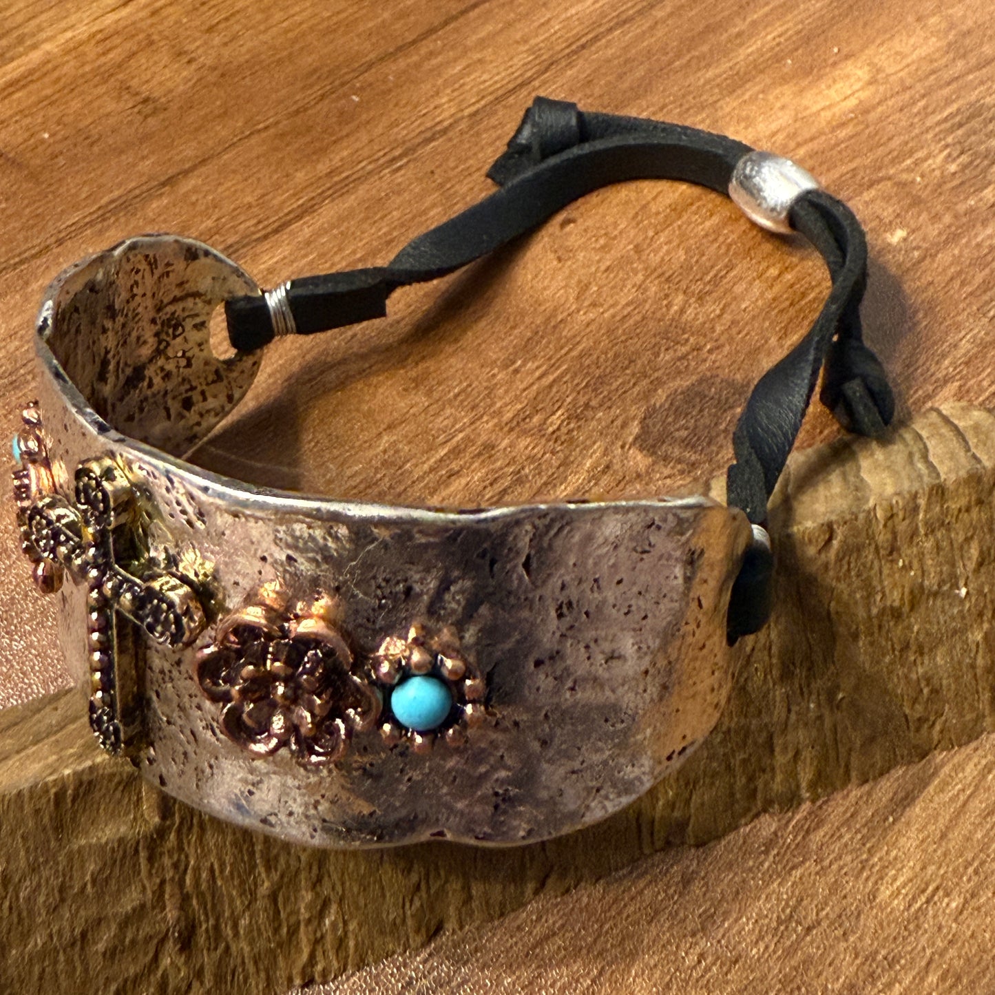 Cross Flower Turquoise Stone Western Bracelet Cuff Silver Adjustable Leather Strap WildWestBoho
