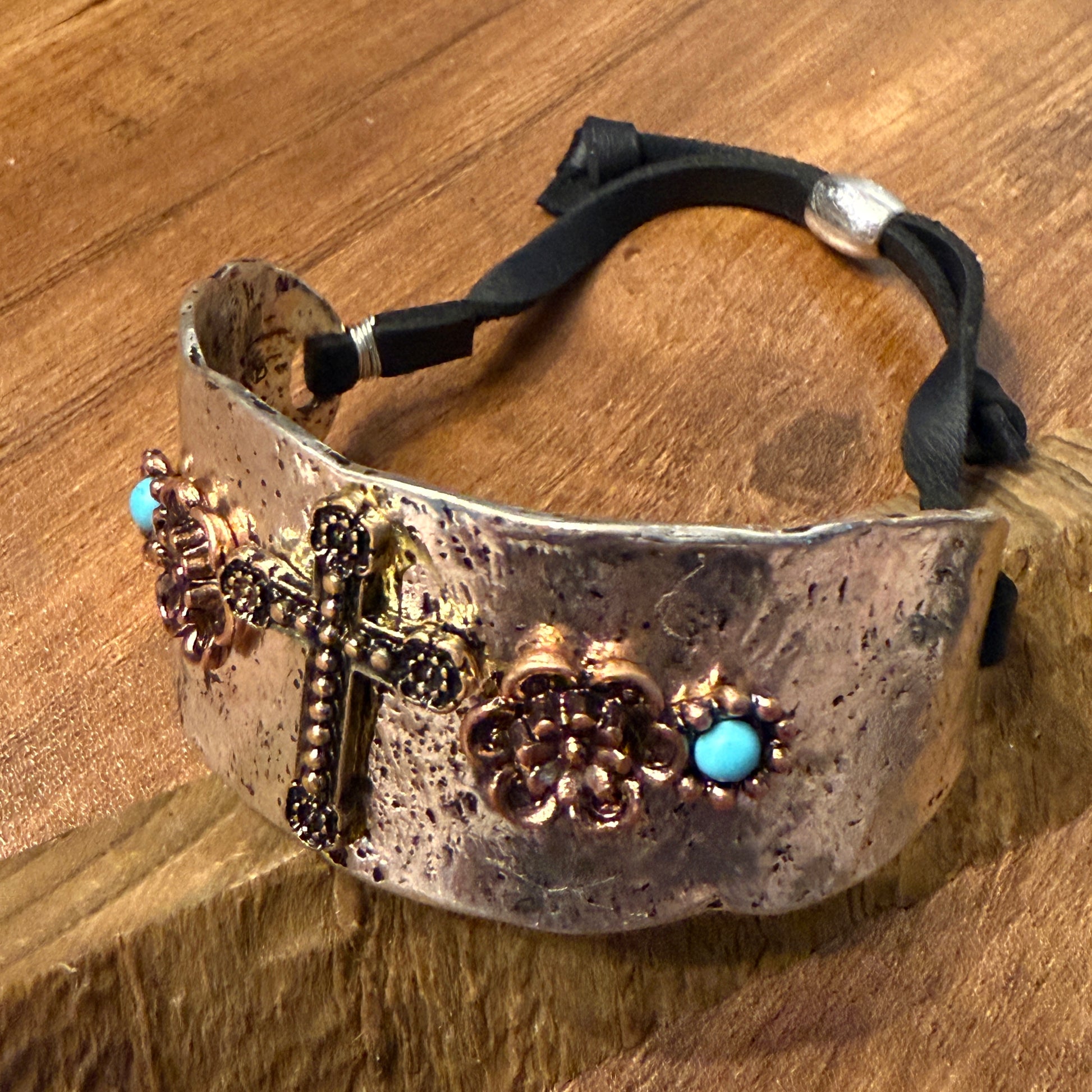Cross Flower Turquoise Stone Western Bracelet Cuff Silver Adjustable Leather Strap WildWestBoho