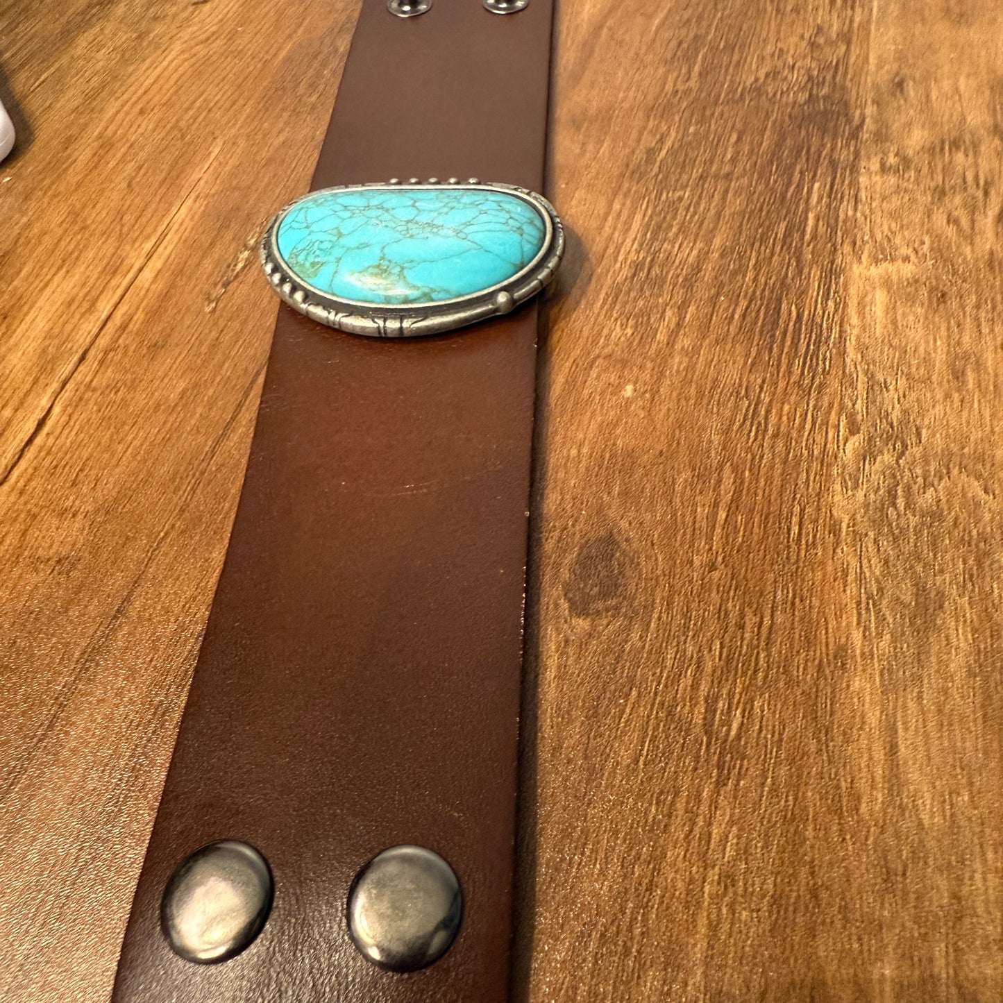 Turquoise Stone Dark Brown Leather Cuff Bracelet Handcrafted Boho Style For Everyday Wear WildWestBoho