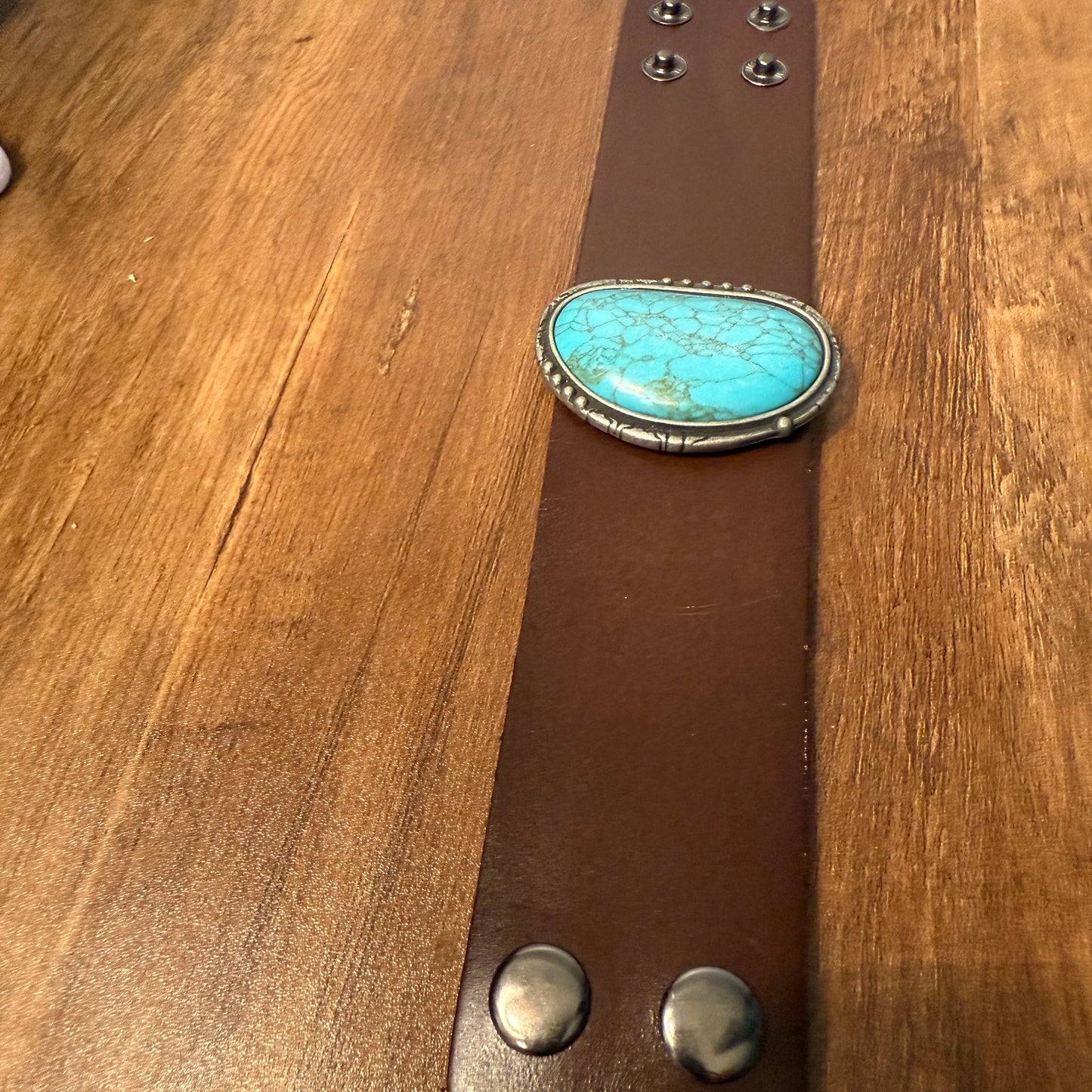 Turquoise Stone Dark Brown Leather Cuff Bracelet Handcrafted Boho Style For Everyday Wear WildWestBoho