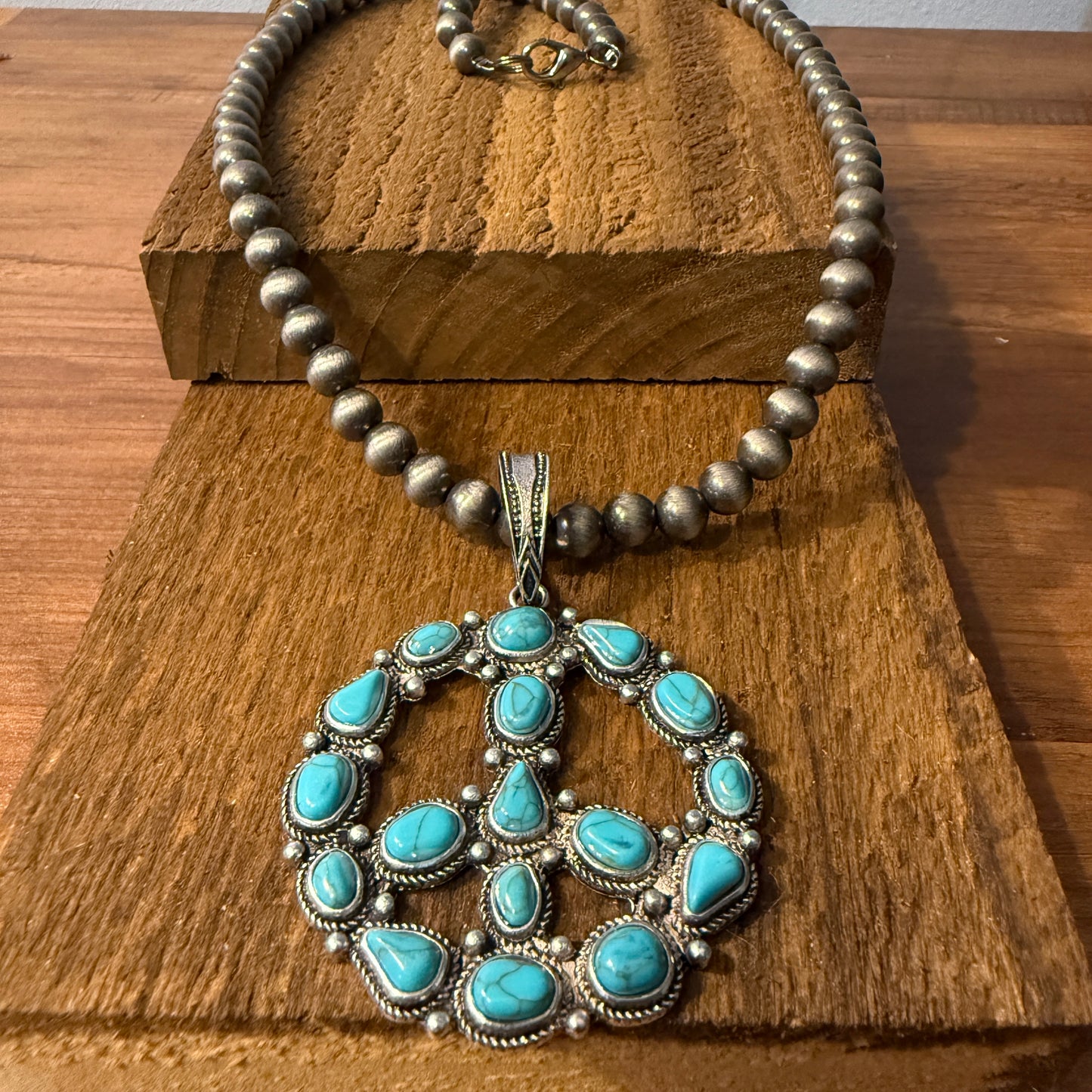 Navajo Style Pearl Bead Necklace With Blue Turquoise Peace Sign Pendant WildWestBoho