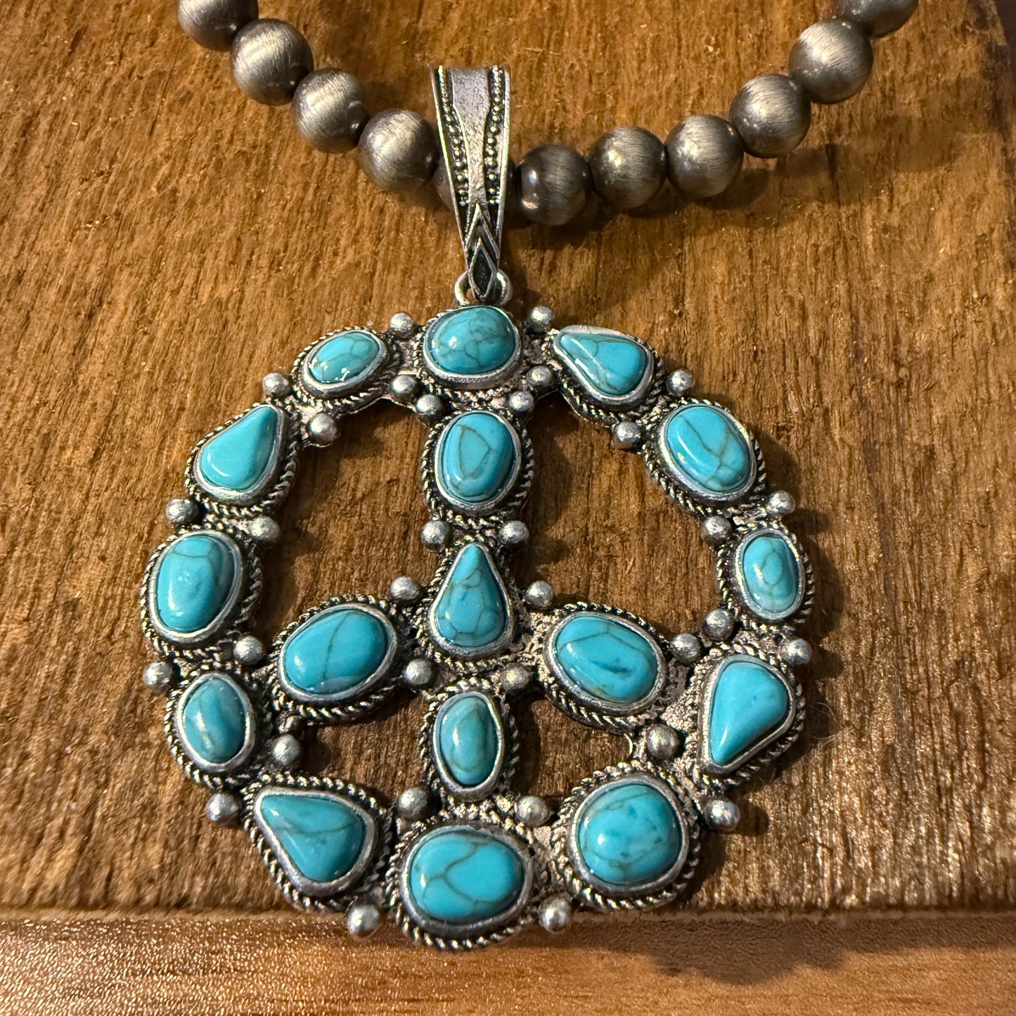 Navajo Style Pearl Bead Necklace With Blue Turquoise Peace Sign Pendant WildWestBoho
