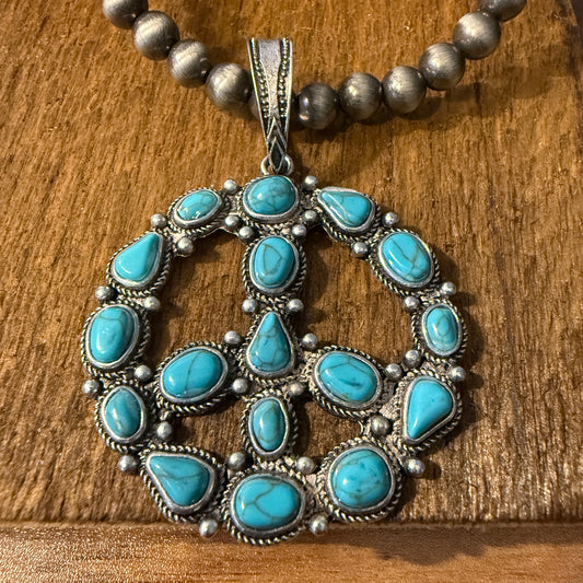 Navajo Style Pearl Bead Necklace With Blue Turquoise Peace Sign Pendant WildWestBoho