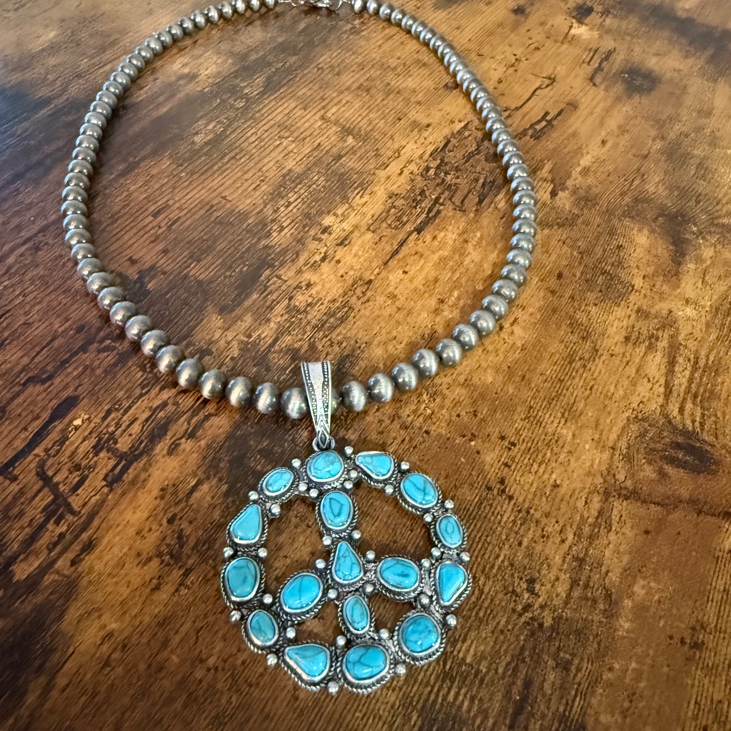 Navajo Style Pearl Bead Necklace With Blue Turquoise Peace Sign Pendant WildWestBoho