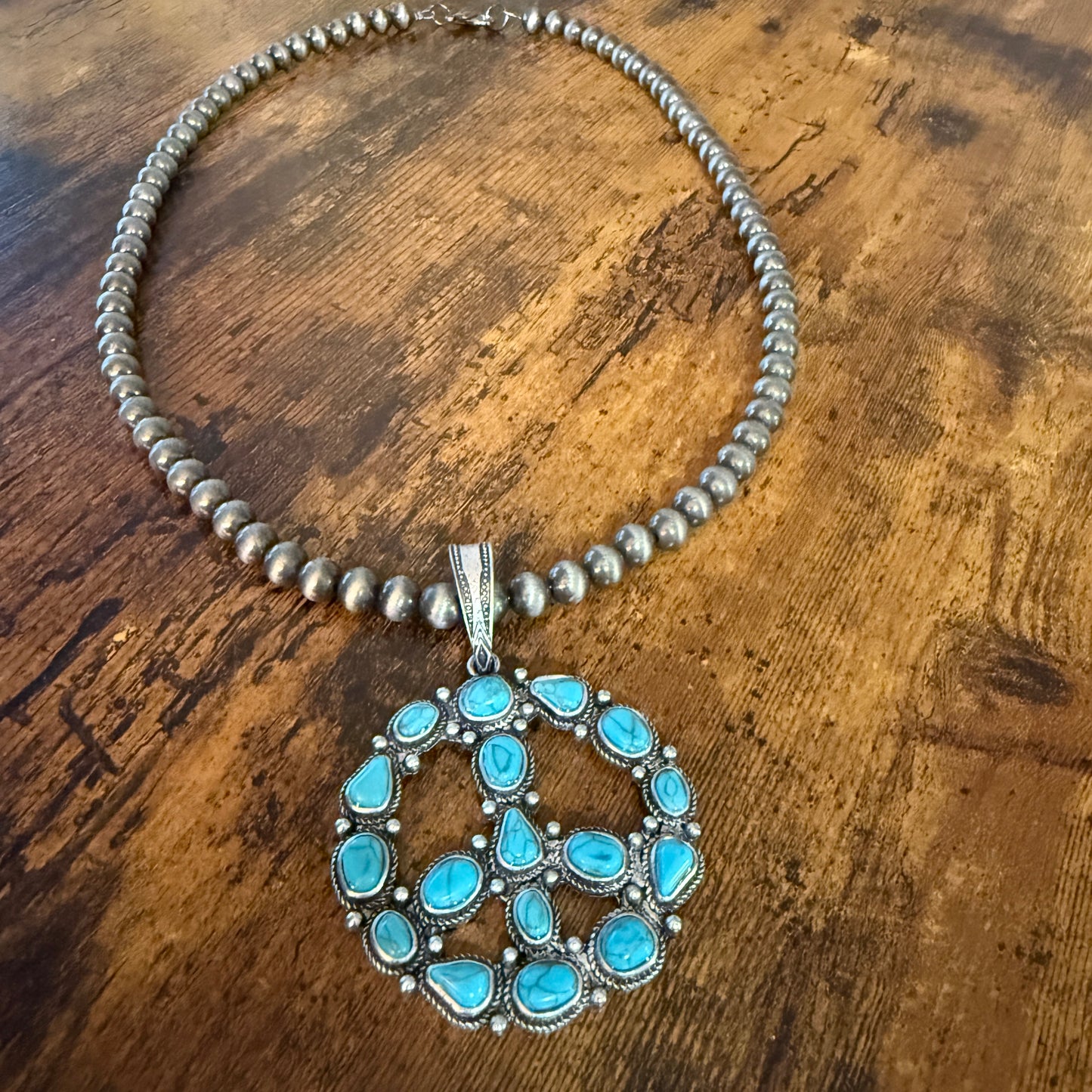 Navajo Style Pearl Bead Necklace With Blue Turquoise Peace Sign Pendant WildWestBoho