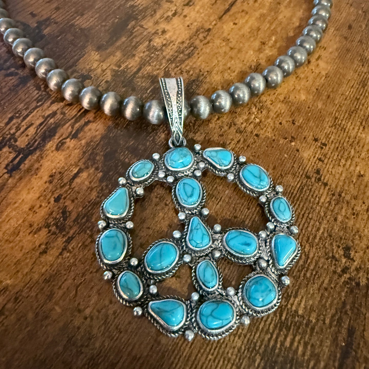 Navajo Style Pearl Bead Necklace With Blue Turquoise Peace Sign Pendant WildWestBoho