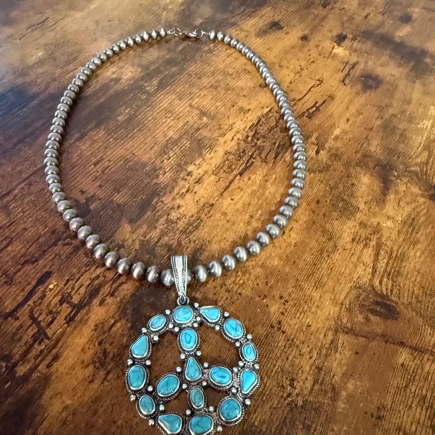 Navajo Style Pearl Bead Necklace With Blue Turquoise Peace Sign Pendant WildWestBoho