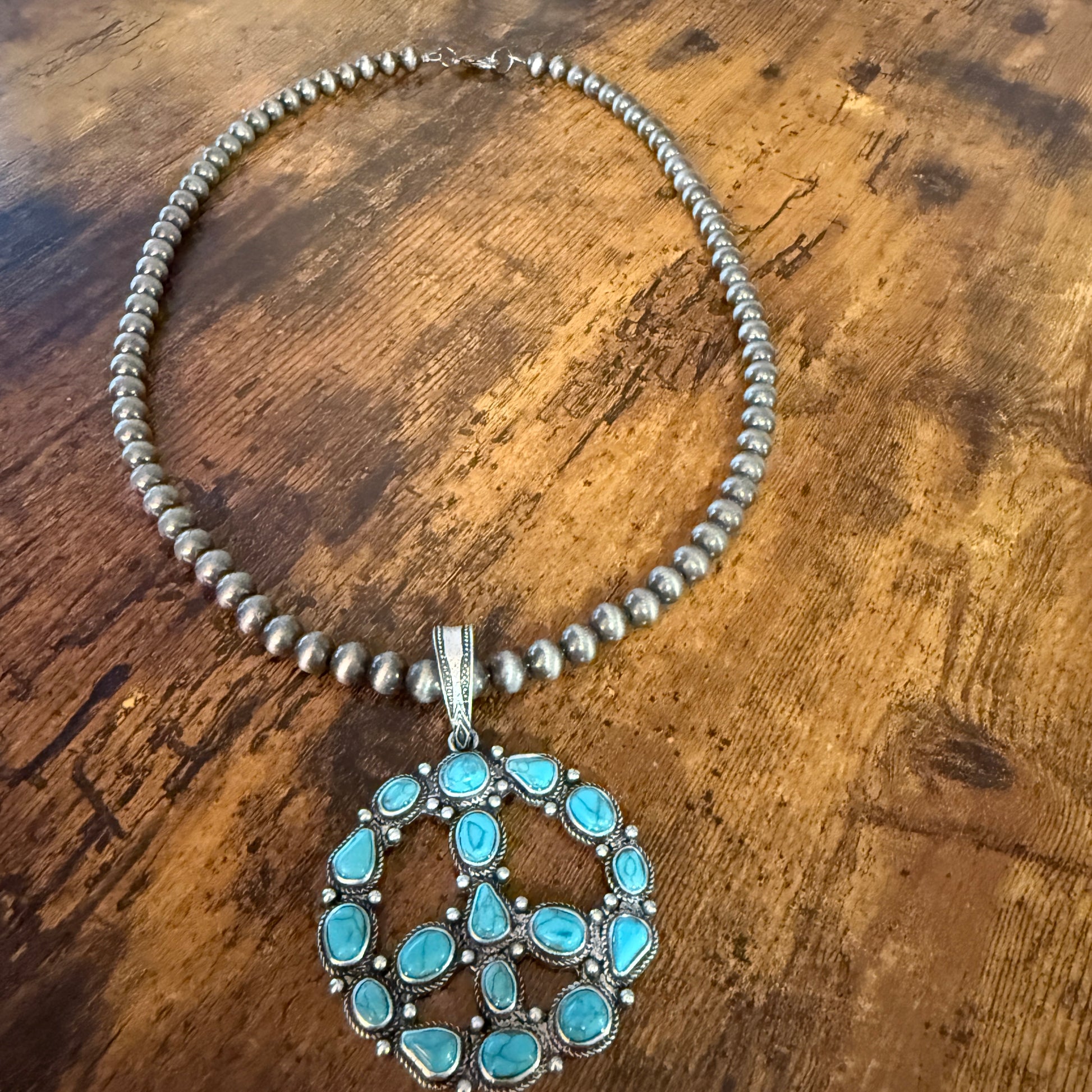 Navajo Style Pearl Bead Necklace With Blue Turquoise Peace Sign Pendant WildWestBoho