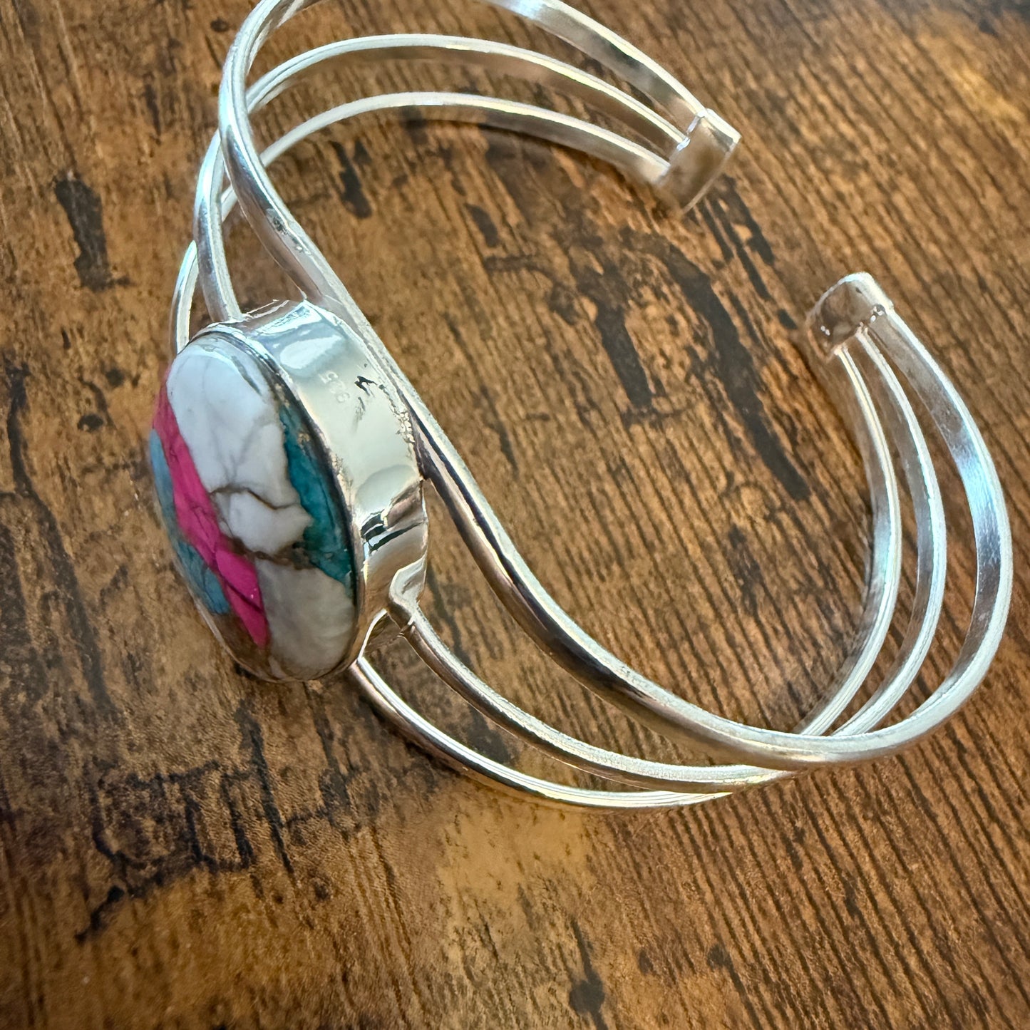 Cotton Candy Turquoise Dalhia 925 Sterling Silver Adjustable Wide Cuff Bangle Gemstone Silver Elegant