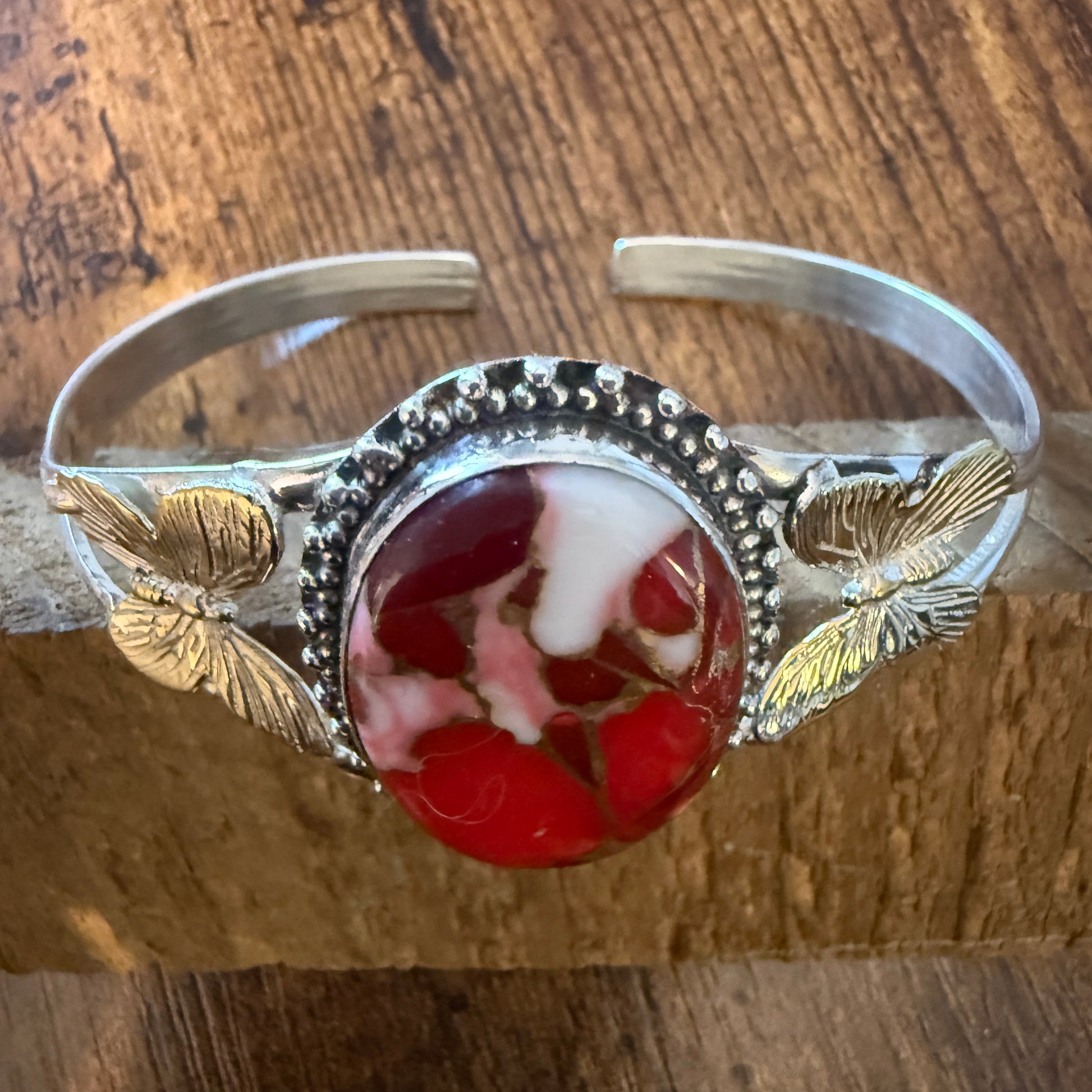Pink Rose Dalhia Butterfly 925 Sterling Silver Adjustable Gemstone Bangle Silver Elegant