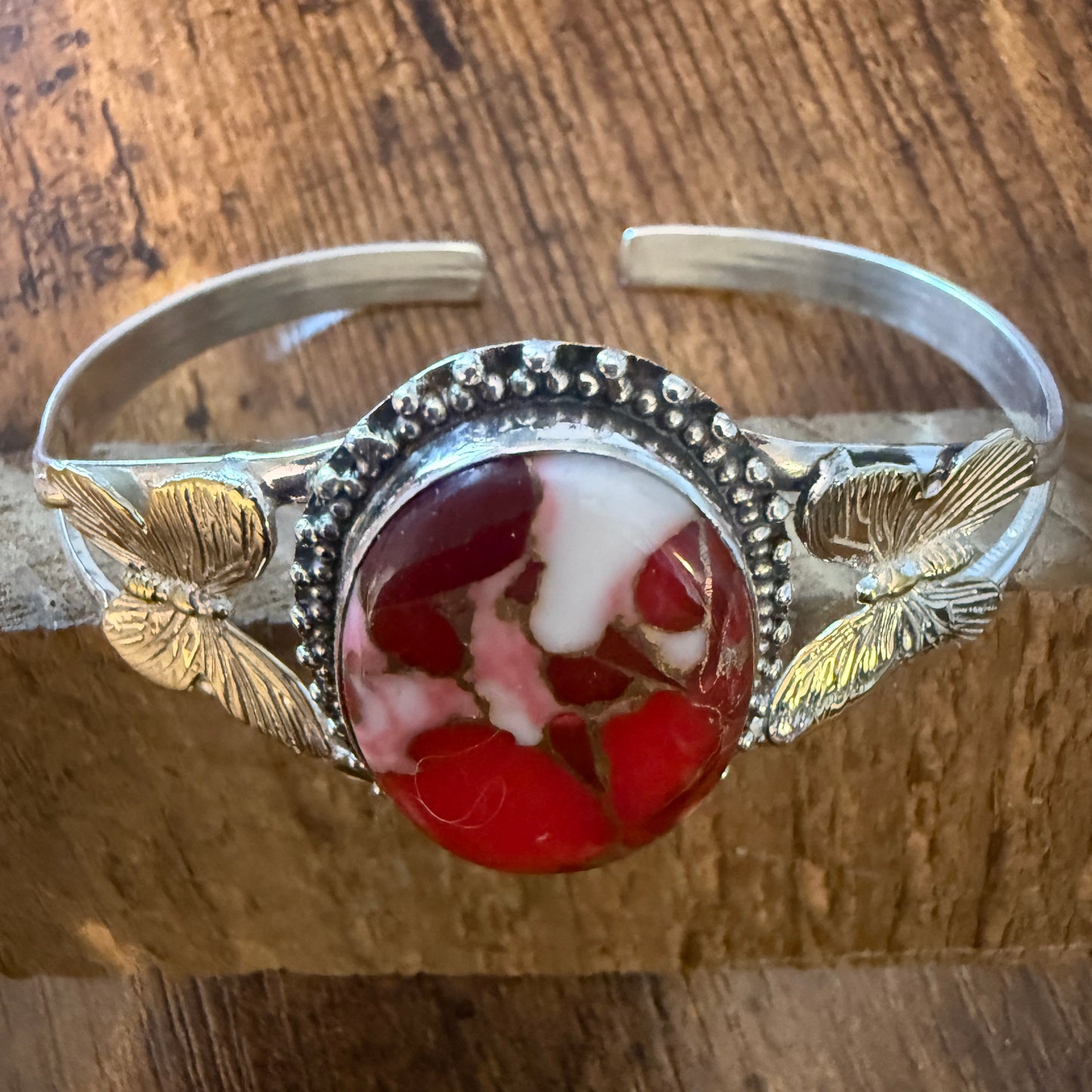 Pink Rose Dalhia Butterfly 925 Sterling Silver Adjustable Gemstone Bangle Silver Elegant