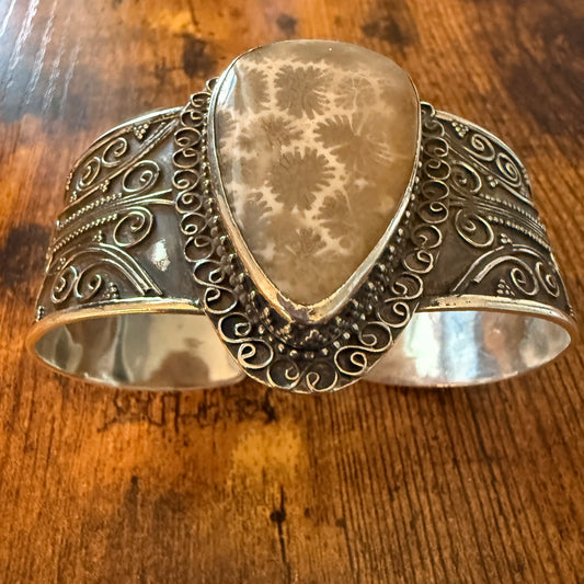 Natural Fossil Coral Gemstone Cuff Sterling Silver Adjustable Vintage Jewelry Silver Elegant