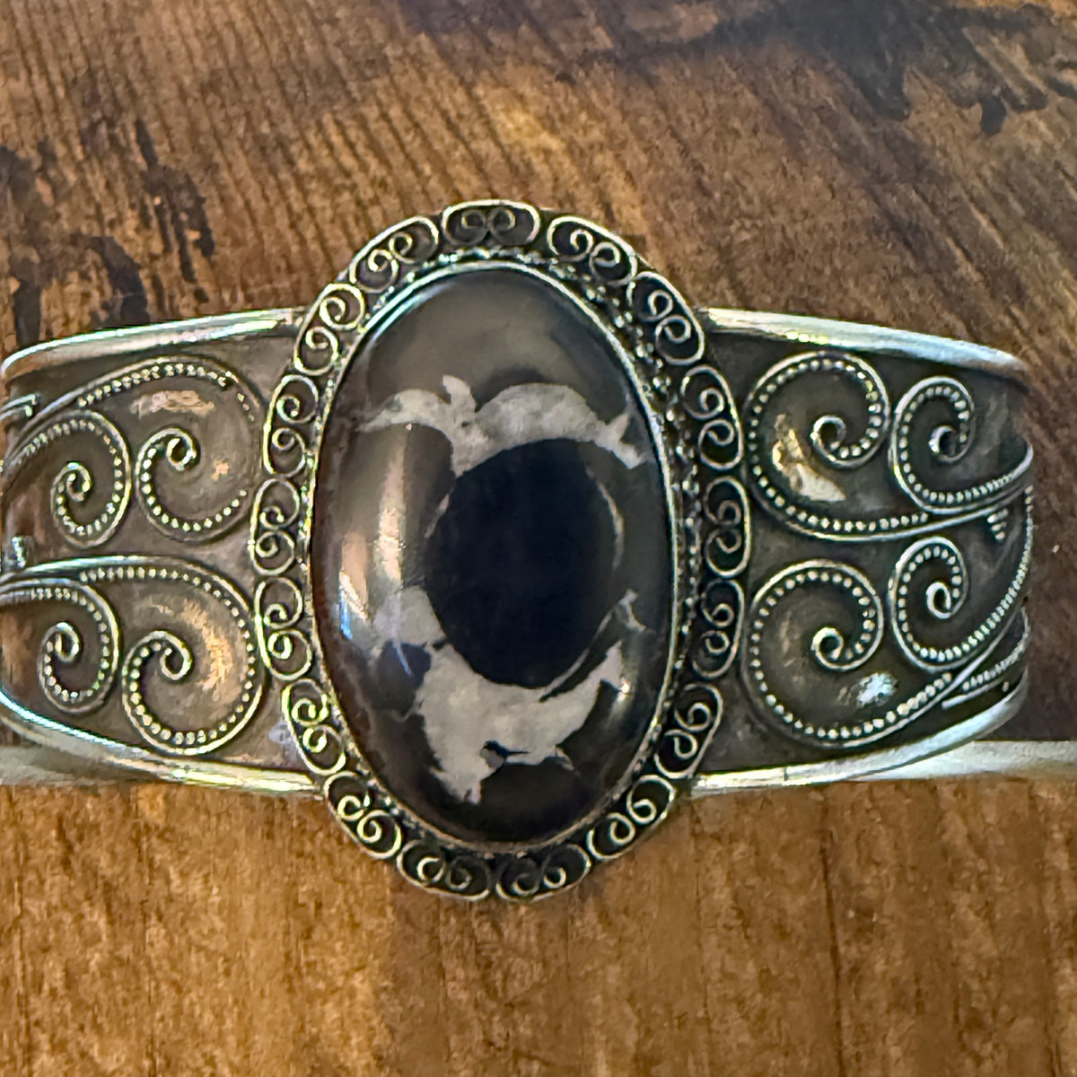 Oval Moroccan Mud Crack Fossil Vintage Cuff Bracelet 925 Sterling Silver Silver Elegant